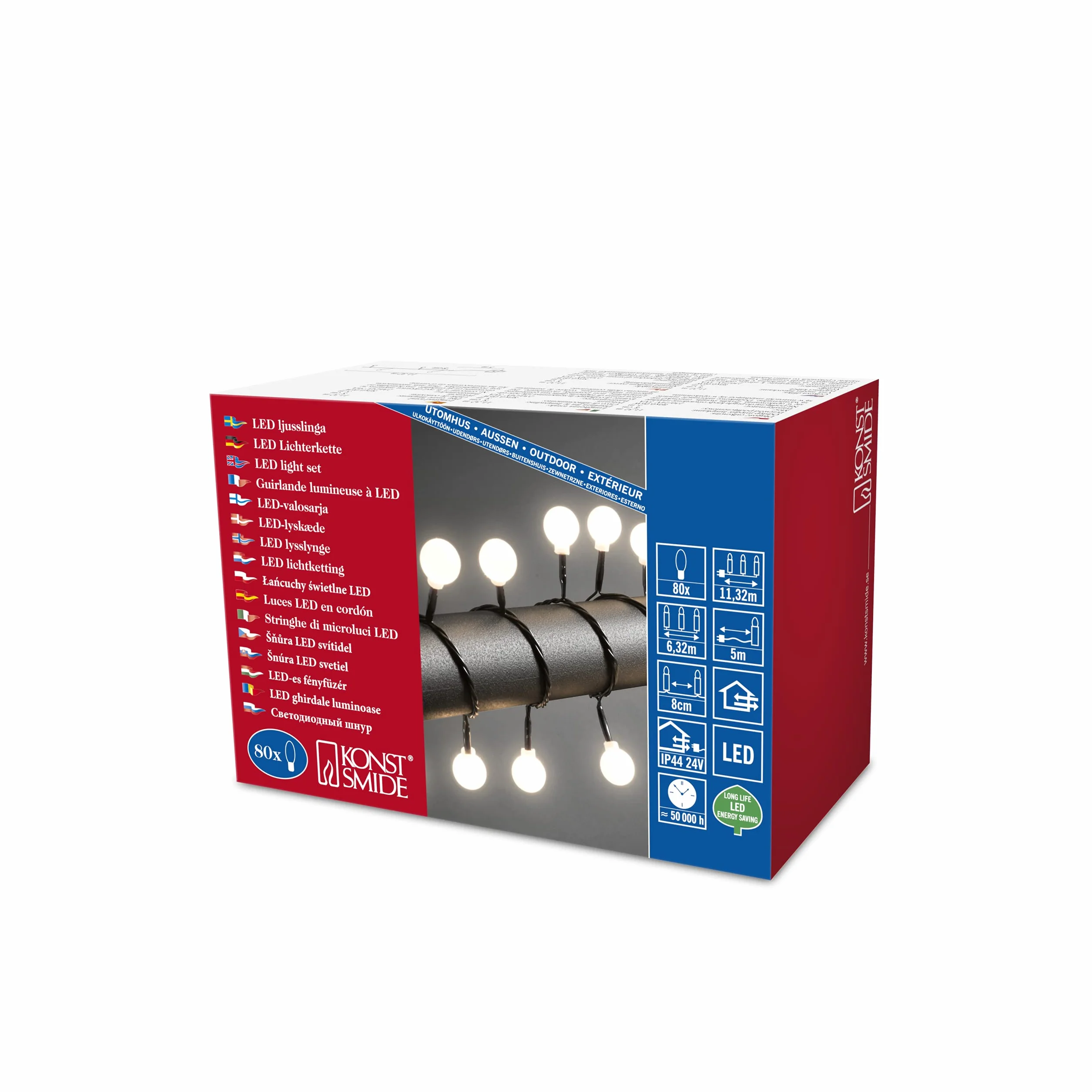 Konstsmide 3696-107 łańcuch świetlny LED, duże okrągłe diody, 80 diod w kolorze ciepłej bieli, transformator zewnętrzny 24 V, czarny kabel