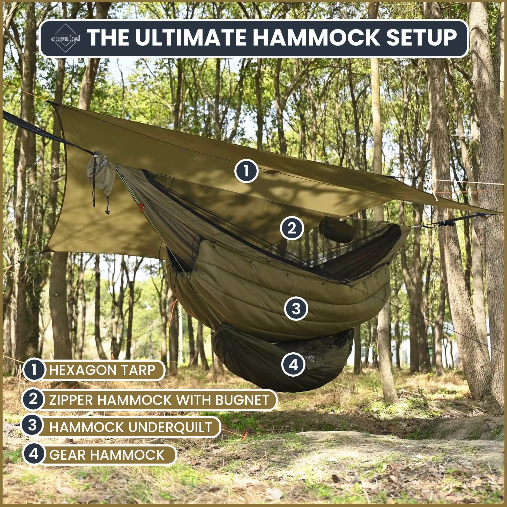 Onewind 12' Podwójny Hamak Kempingowy z Moskitierą 40D Nylon Ripstop 335 cm