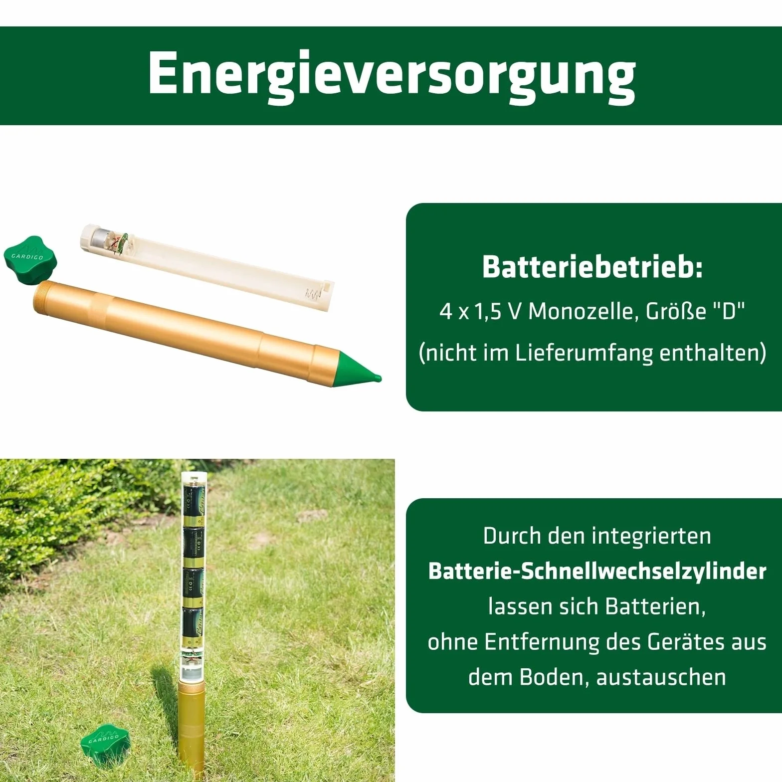 Gardigo® Vibrasonic odstraszacz kretów i mrówek, odstraszacz kretów z silnikiem wibracyjnym, zmieniające się częstotliwości, ok. 1250 m², odstraszacz norników do ogrodu, zasilany bateriami