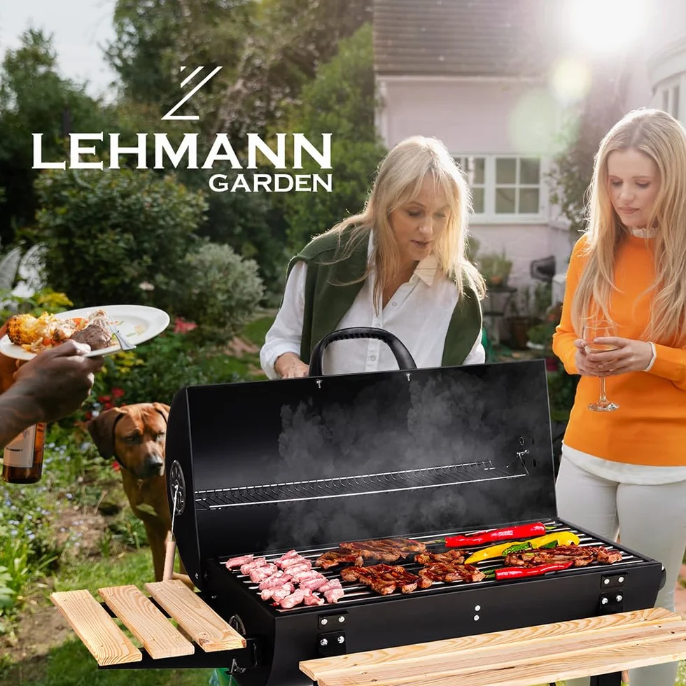 LEHMANN Grill węglowy z rusztem do gotowania, XL, z dwiema drewnianymi półkami, pokrywą, kółkami i nieogrzewanym uchwytem, grill węglowy do ogrodu, na taras, kemping