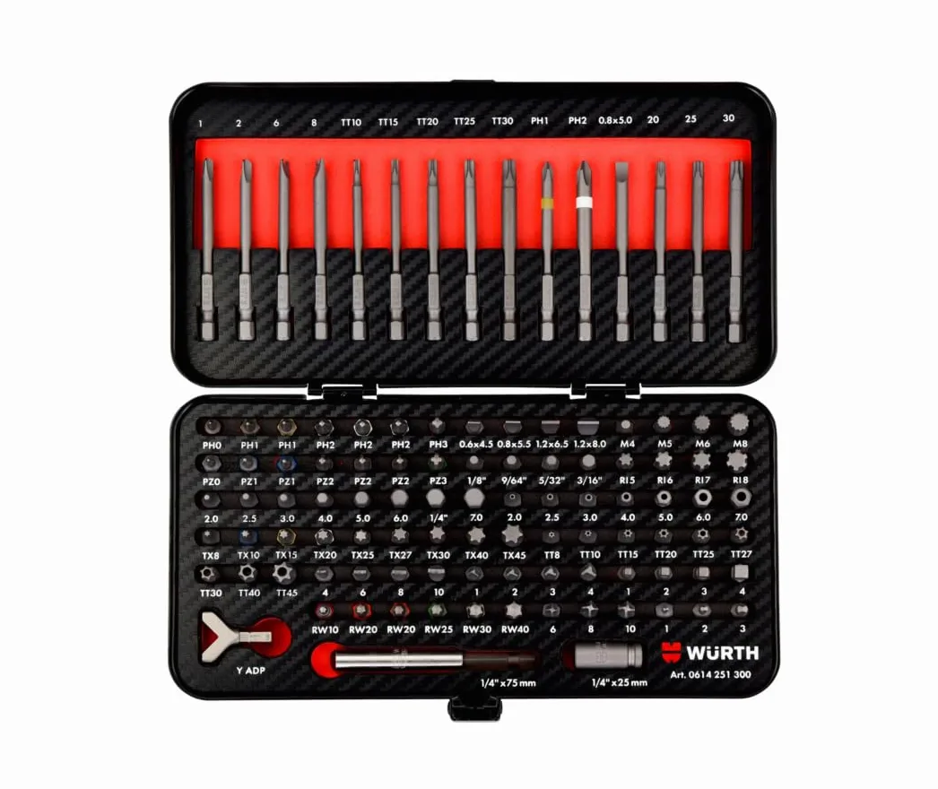 Würth 105-częściowy zestaw bitów 1/10.2 cm, szeroki asortyment bitów standardowych i zabezpieczających w krótkich i długich wzorach