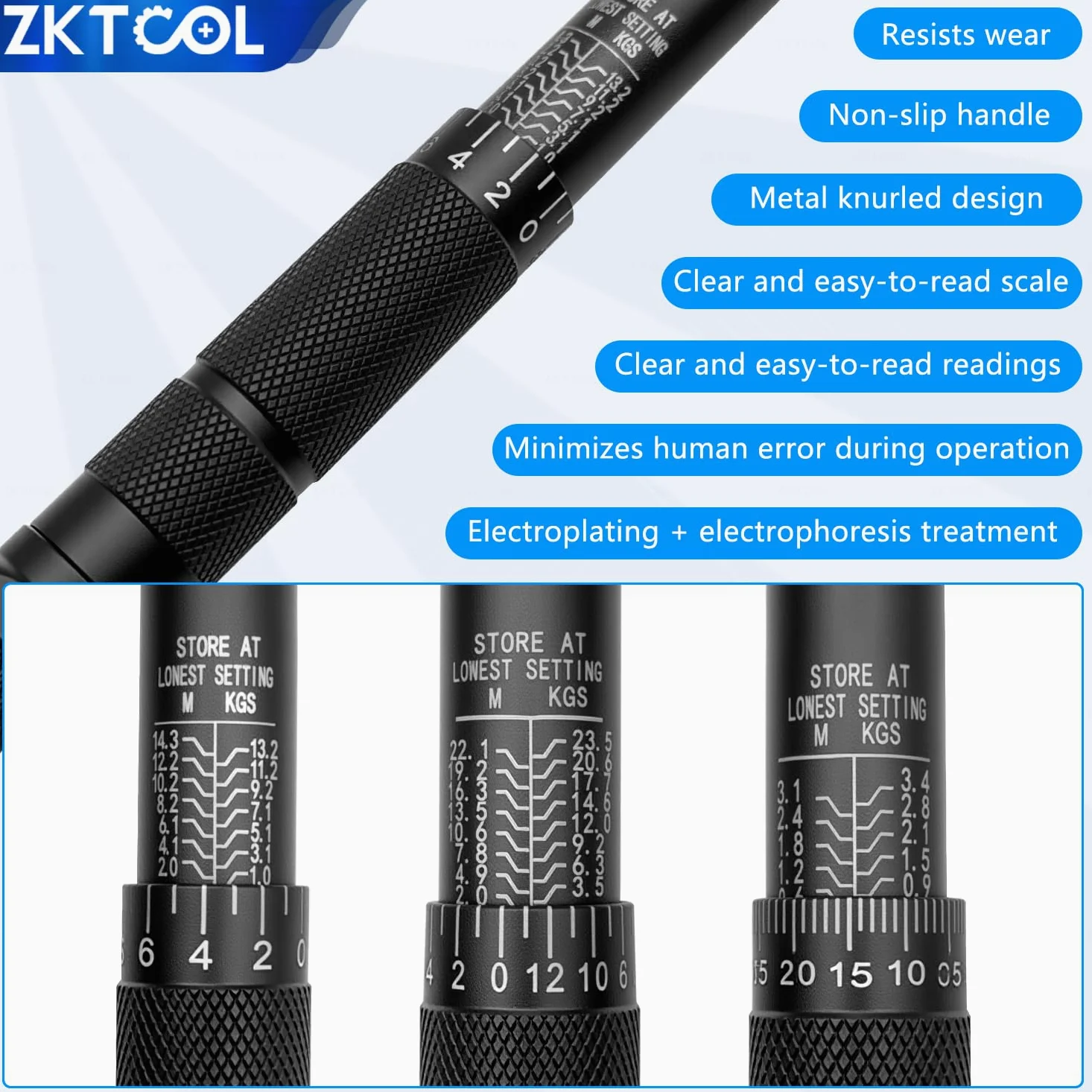 ZKTOOL Zestaw kluczy dynamometrycznych 3 szt., 1/10.2 cm 5-25 NM, 3/8'' 10-60NM, 1/2'' 20-210NM, zestaw kluczy grzechotkowych z mechanizmem szybkiego zwalniania, odpowiedni do większości scenariuszy