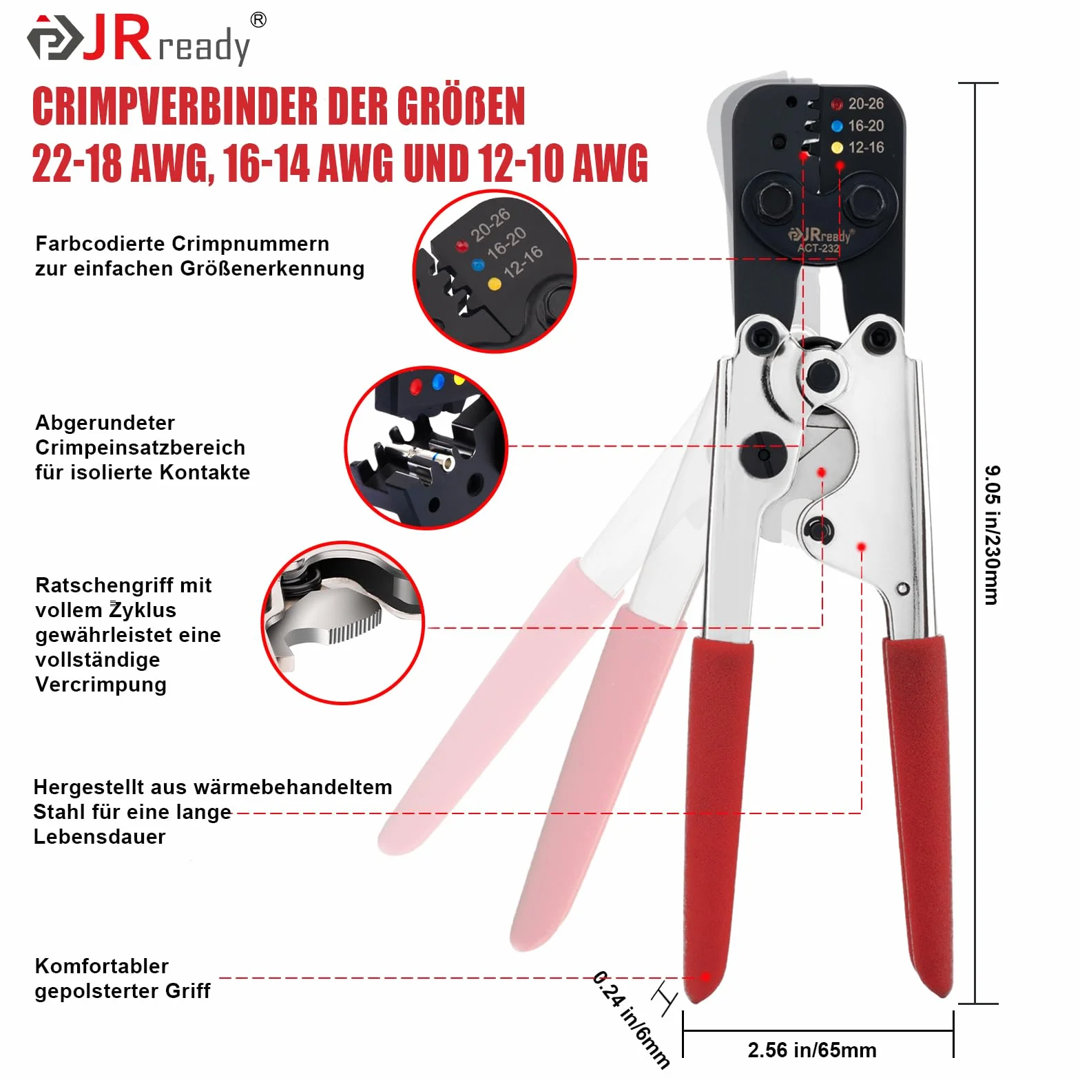 JRready ST6493-010 IP68 Wodoodporny zestaw złączy stykowych z narzędziem do krycia ACT-232, złącza stykowe 12# 16# 20# i złącza stykowe PVDF/PE oraz miernik Go-No Go G411