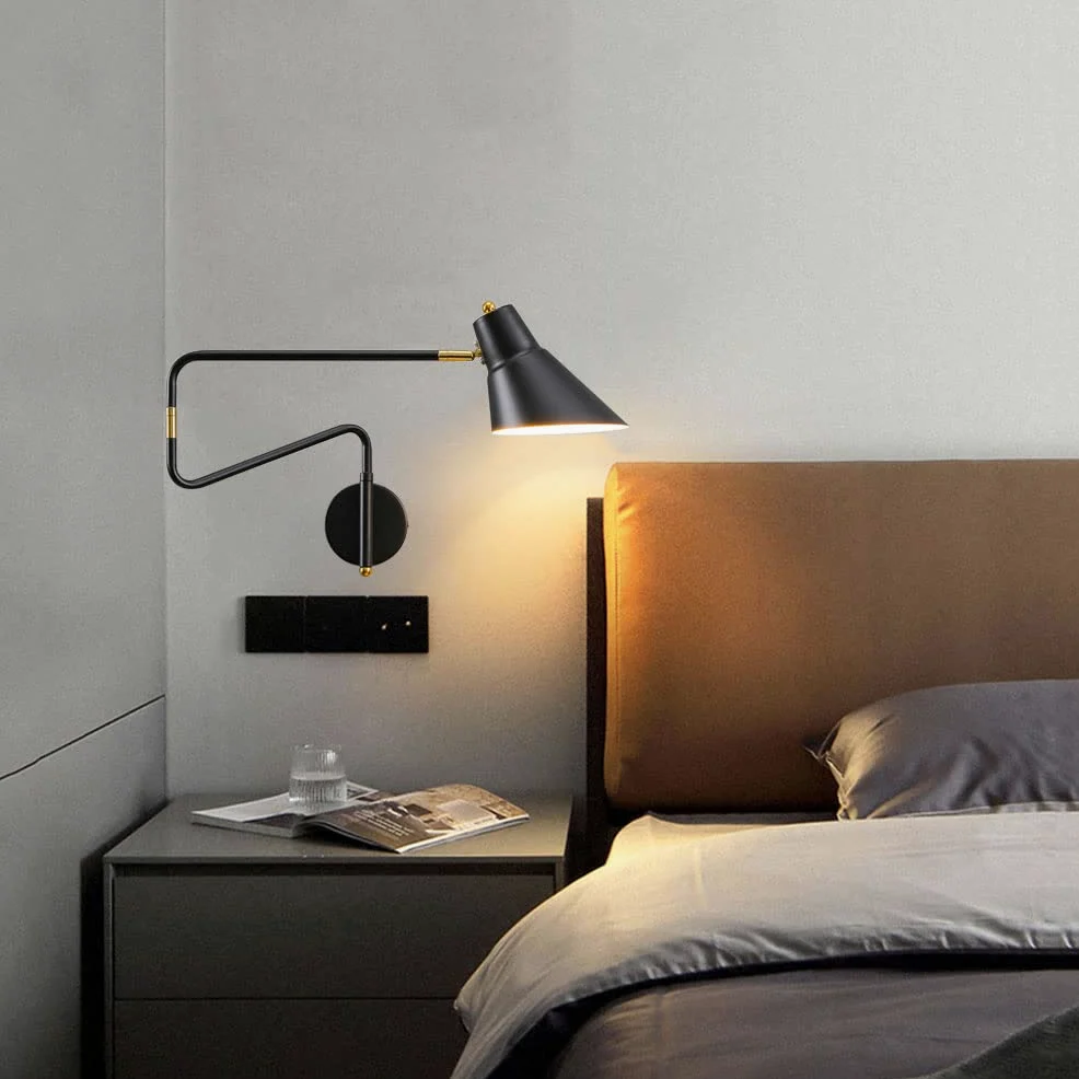 Lampa ścienna przemysłowy z włącznikiem i wtyczką, Kinkiet Regulowany Metalowy Długi Ramię, Lampy ścienne do czytania z kablem Regulowana lampka nocna sypialnia lampa do salonu wewnętrzne E27,Black