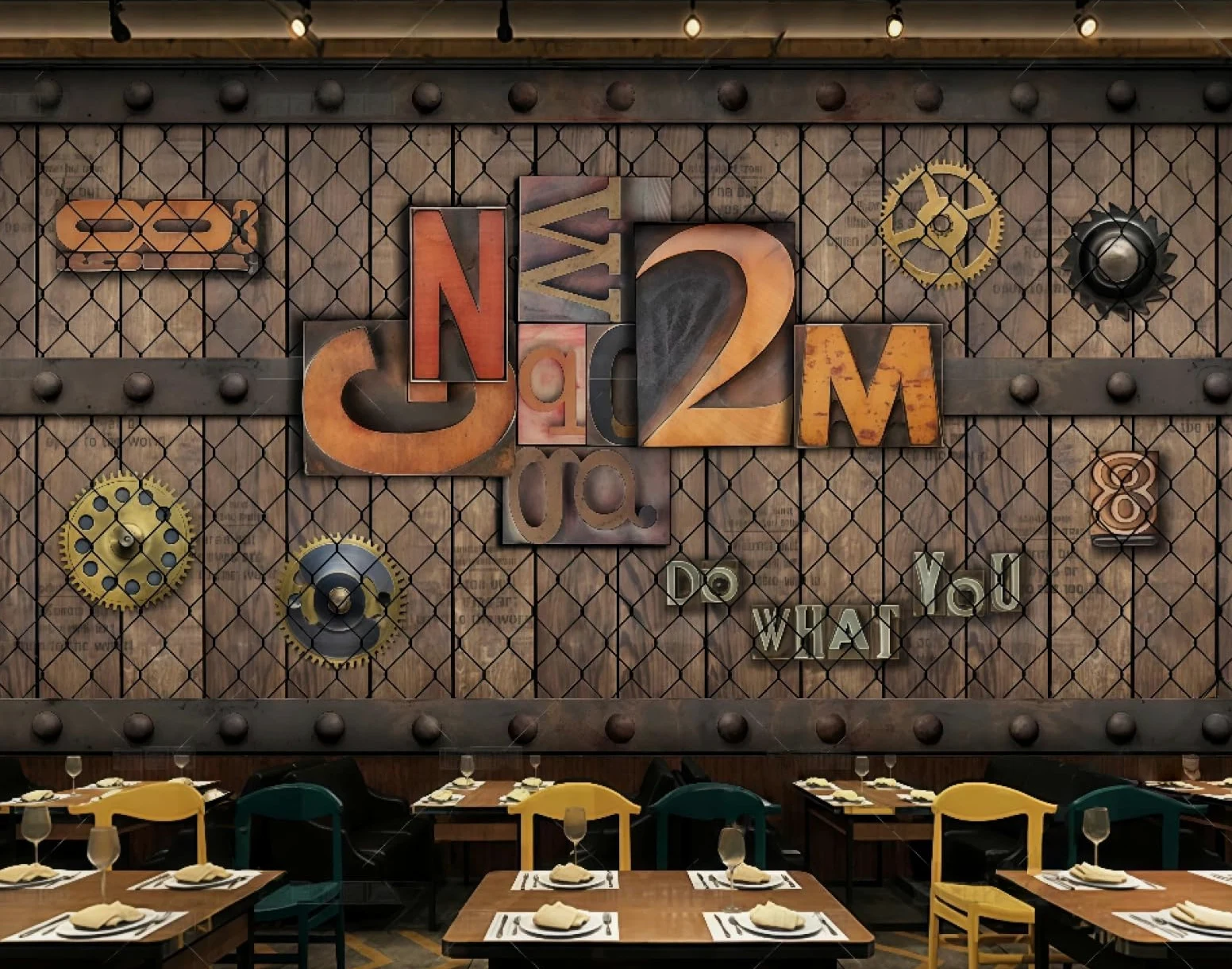 Nostalgiczna tapeta retro drut kolczasty angielskie litery bar centrum handlowe zachodnia restauracja tło ścienne popołudniowa herbata kawa tapeta, 3D, 300x210cm
