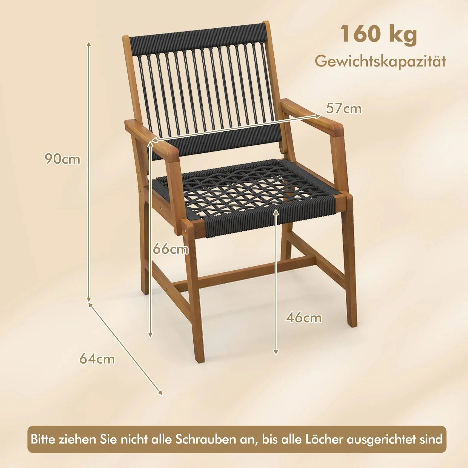COSTWAY Krzesła ogrodowe zestaw 2 sztuk z drewna akacjowego i plecionki linowej nośność 160 kg