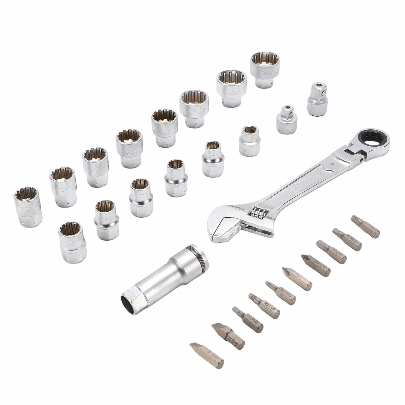 Eujgoov Dwustronny Klucz Grzechotkowy 19 Mm Zestaw Nasadek Przelotowych Spline 13 szt. Nasadek Metrycznych 3/8 Cala 10–24 Mm z Adapterami Szybkozłącza Przedłużka i Końcówki do Dokręcania