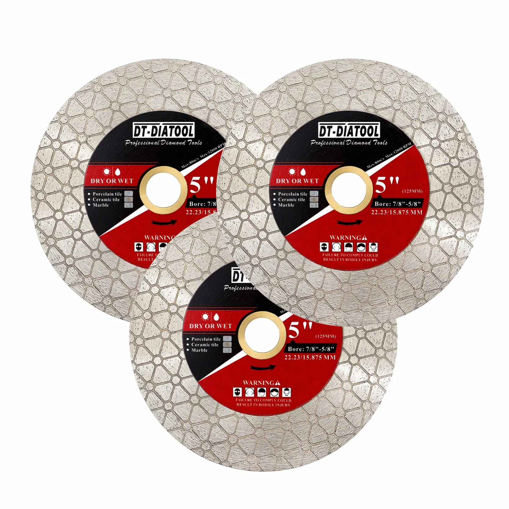 DT-DIATOOL Diamentowa tarcza do piły 125 mm do cięcia płytek porcelanowych, ceramicznych, marmuru, sztucznej kamionki, szlifowania, krawędzi, opakowanie 3 szt