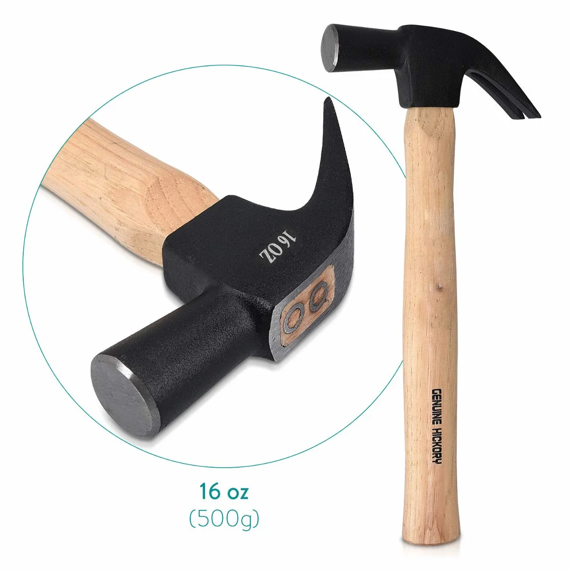 Navaris Młotek pazurowy z drewnianym trzonkiem Hickory – długość trzonka 33 cm – 450 g – głowica młotka ze stali nierdzewnej, drewniany trzonek – młotek z wyciąganiem do paznokci