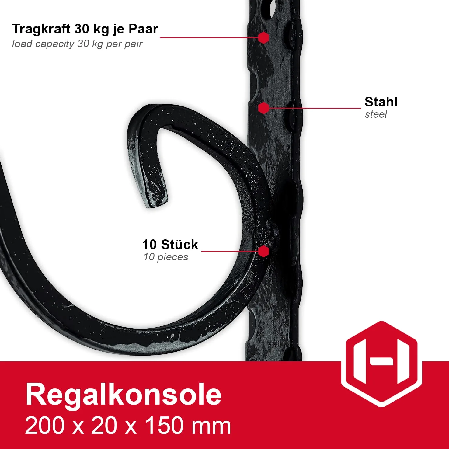 Gedotec Konsola ozdobna wytrzymała metalowa konsola do dużych obciążeń | Victoria | Głębokość: 200 mm | Nośność wspornika półki 15 kg | Kuta czarna antyczna stal | 10 wsporników półek w stylu