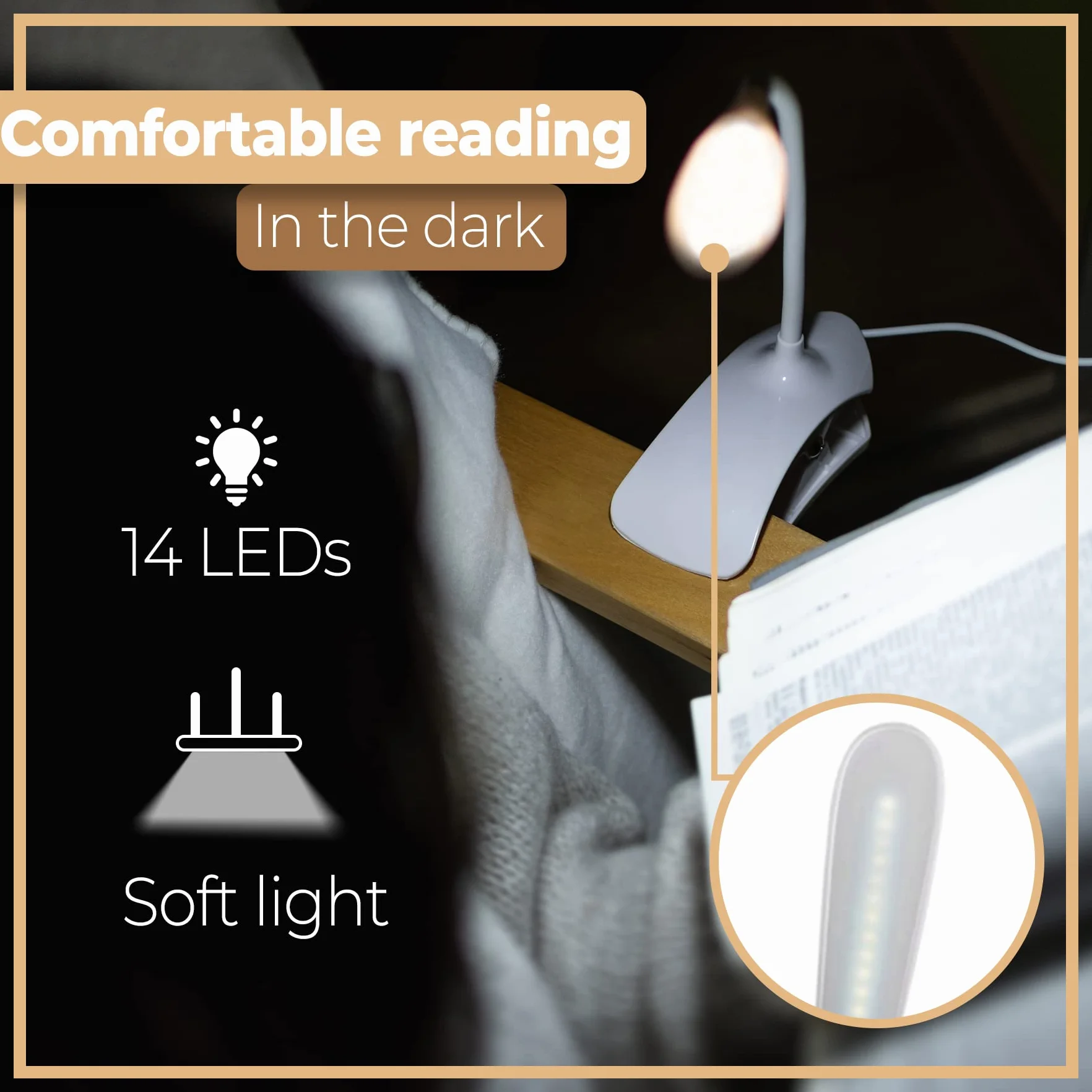 Retoo Lampa do czytania książek, zacisk, USB, do wielokrotnego ładowania, 360°, elastyczna lampa zaciskowa z 14 diodami LED, bezstopniowa jasność, lampka do łóżka, do podróży, łóżka, nauki, pracy