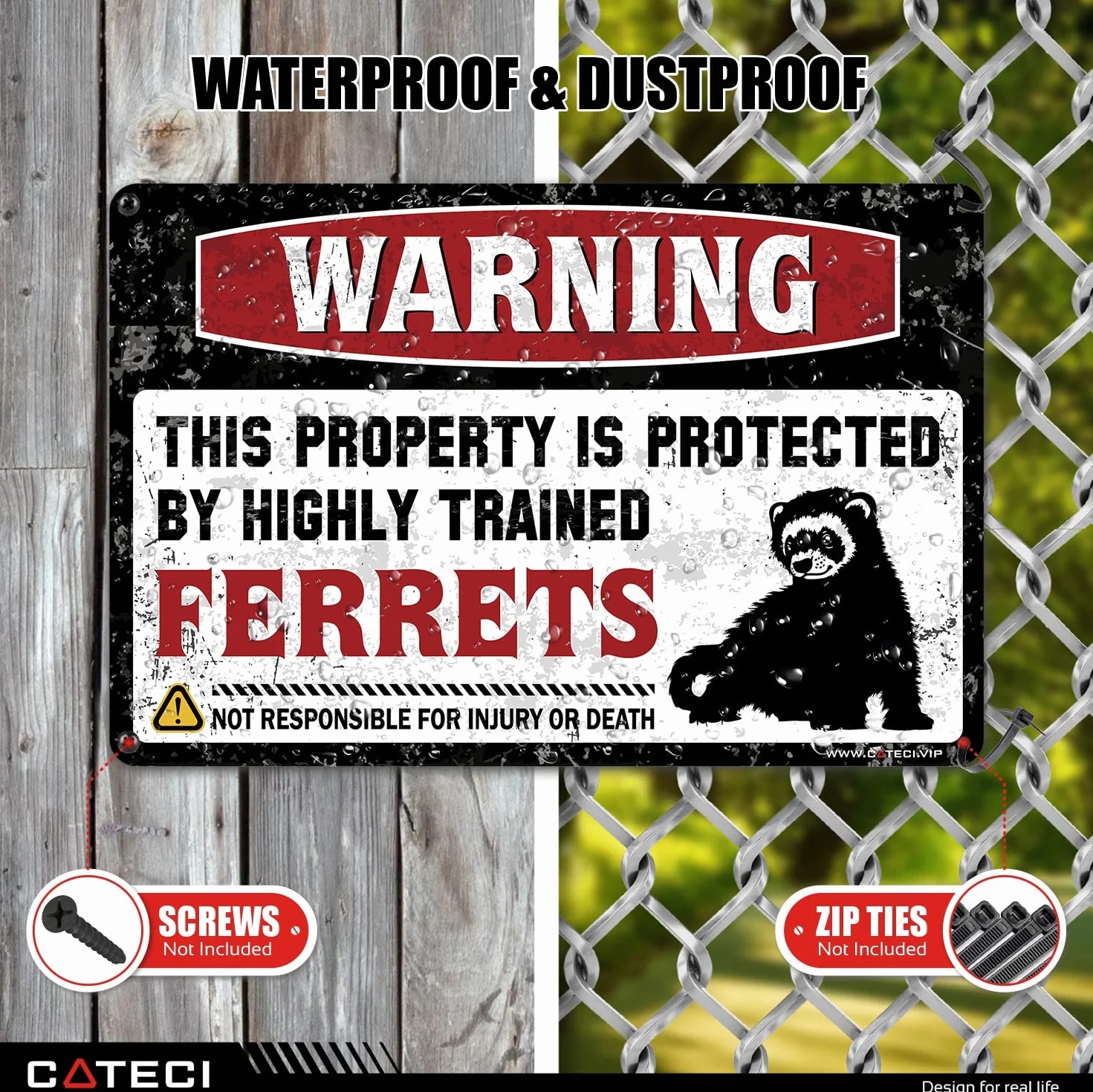 COTECI 'Warning This Property is Protected by a Highly Trained Ferrets' blaszany znak uważaj na Halloween dekoracja łazienki 30 x 40 cm