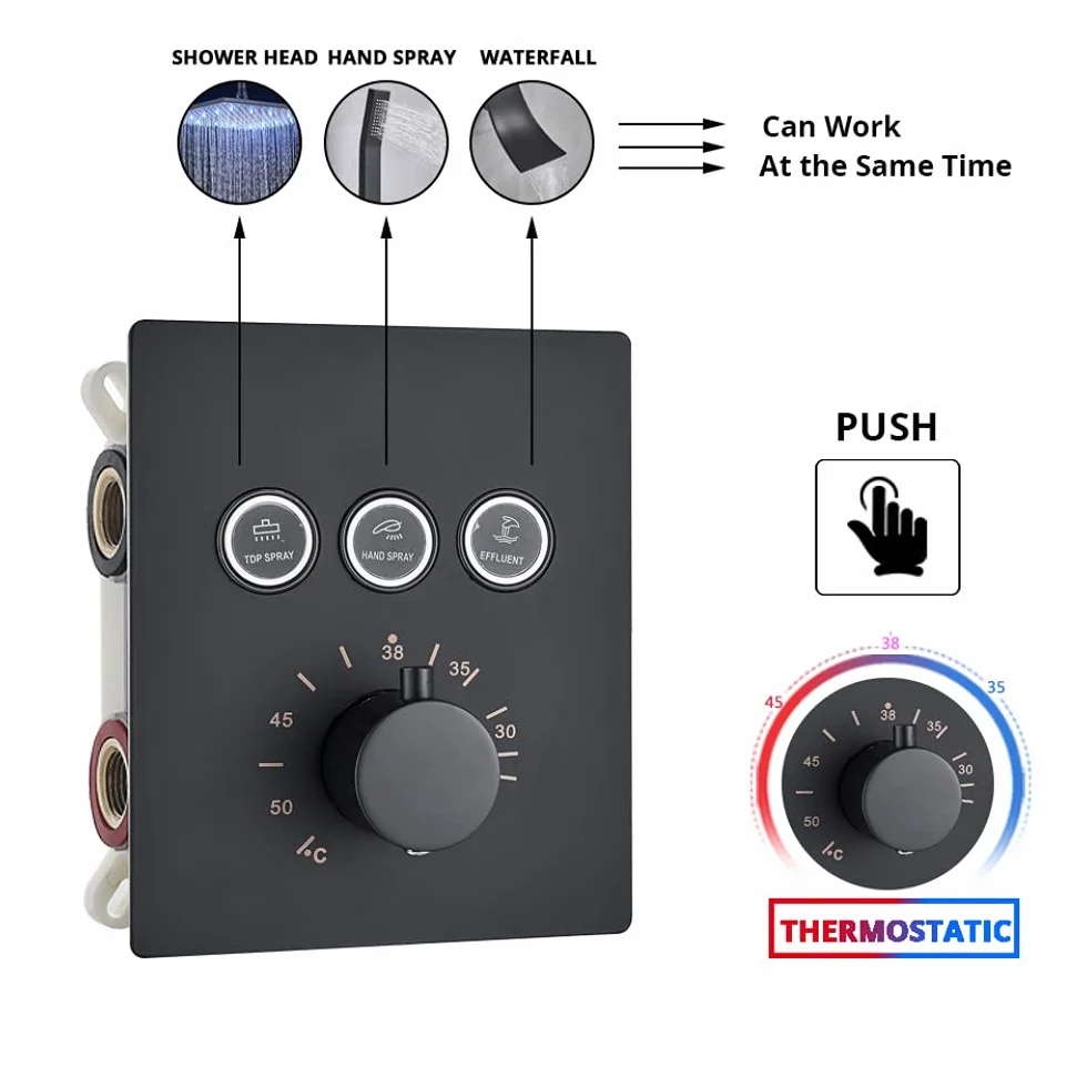 Luksusowa czarna bateria prysznicowa termostatyczna do łazienki deszczownica bateria ścienna do wanny zestaw prysznicowy ścienny A 3W 16" sufitowy,2-drożny 16-calowy