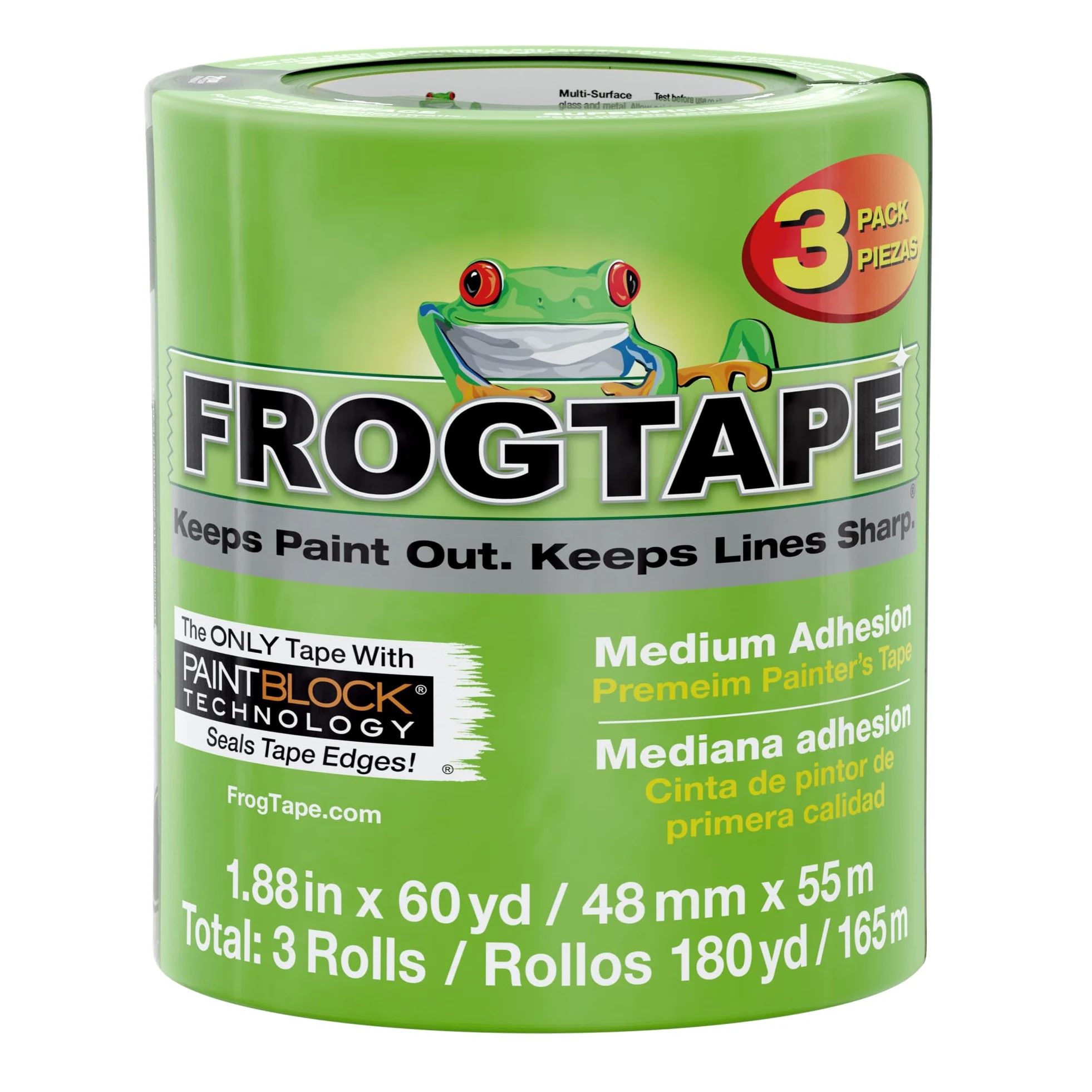 FROGTAPE 240661 taśma malarska na wiele powierzchni z malowaniem, średnia przyczepność, 4 cm x 60 jardów, zielona, 3 rolki