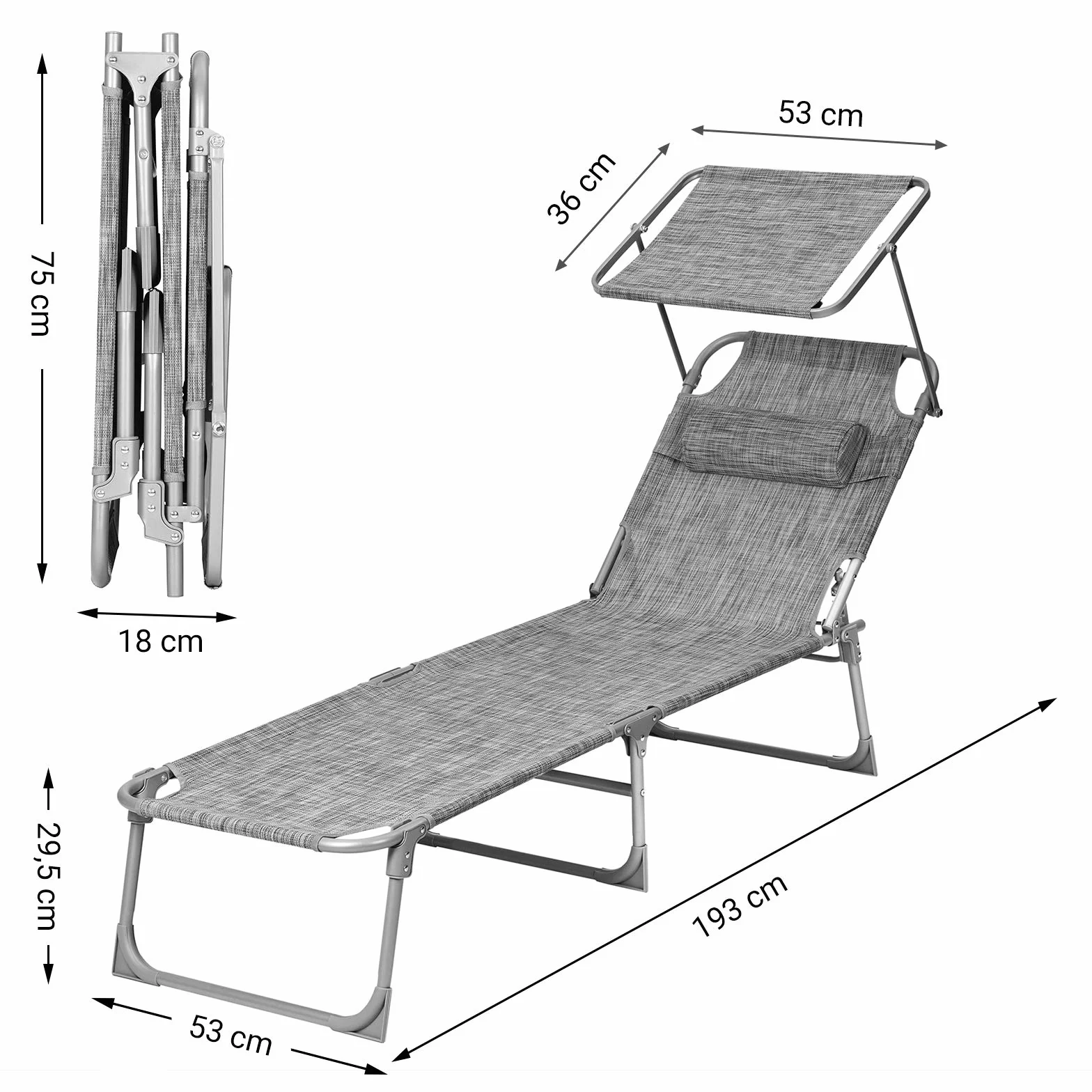 SONGMICS GCB19T składany leżak plażowy 53x193x29 cm obciążenie 150 kg ochrona przed słońcem szary melanż