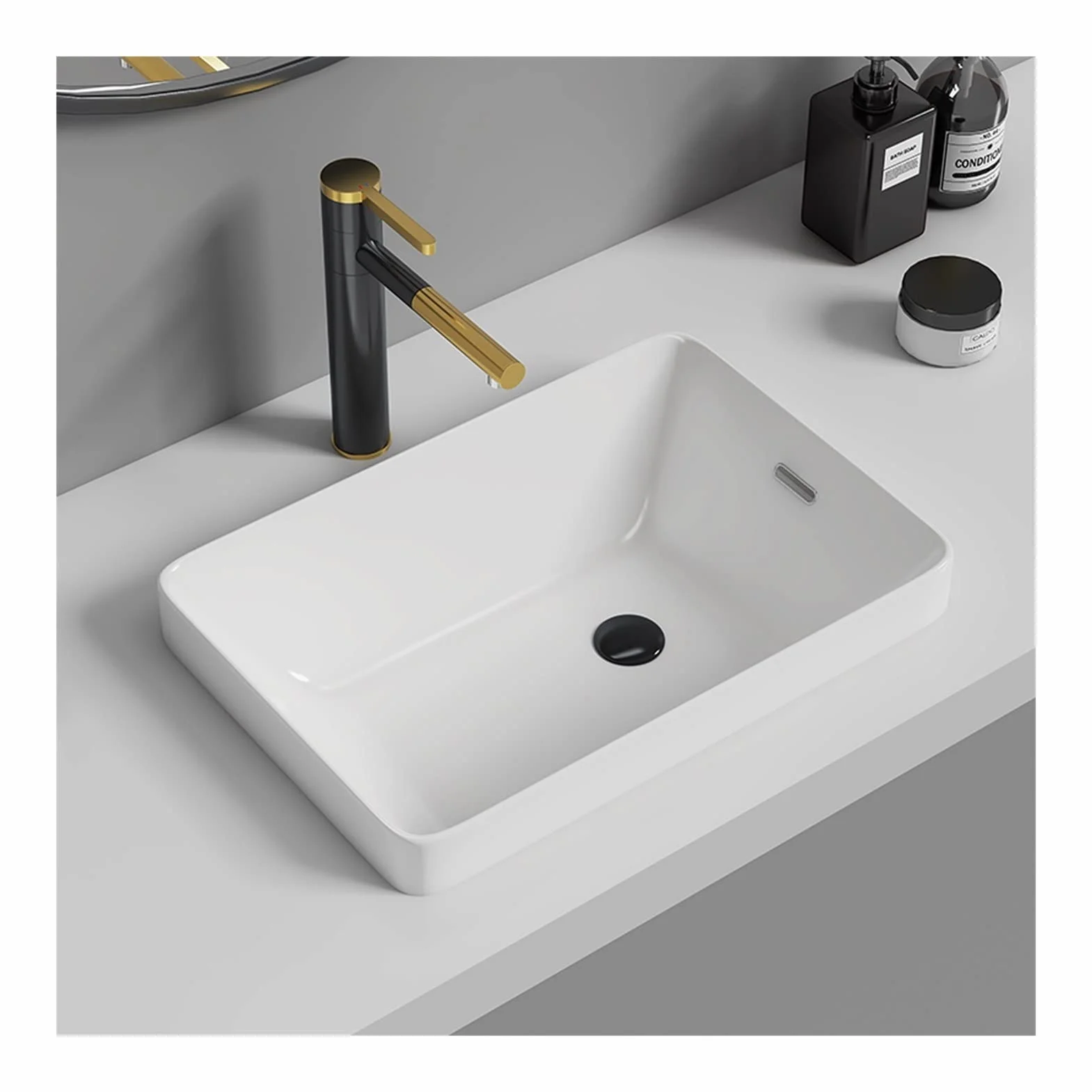 Umywalka Nablatowa Łazienkowa Z Kranem I Odpływem, Prostokątna, Biała, Porcelanowa, Ceramiczna Umywalka Nablatowa Łazienkowa Z Umywalką Nablatową