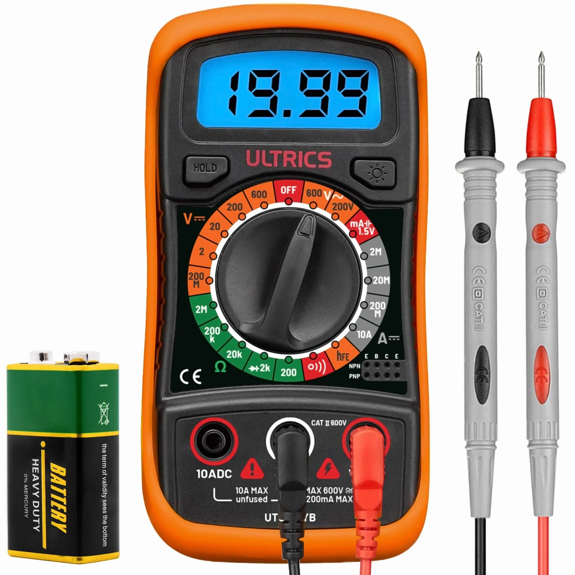 ULTRICS Multimetr Cyfrowy tester ciągłości, Automatyczn Multitester z Wyświetlacz LCD, Woltomierz z Podwójnymi Bezpiecznikami Przenośny Multimetr Mierzy OHM AC/DC Rezystancj Diody Ciągłości Tranzystor