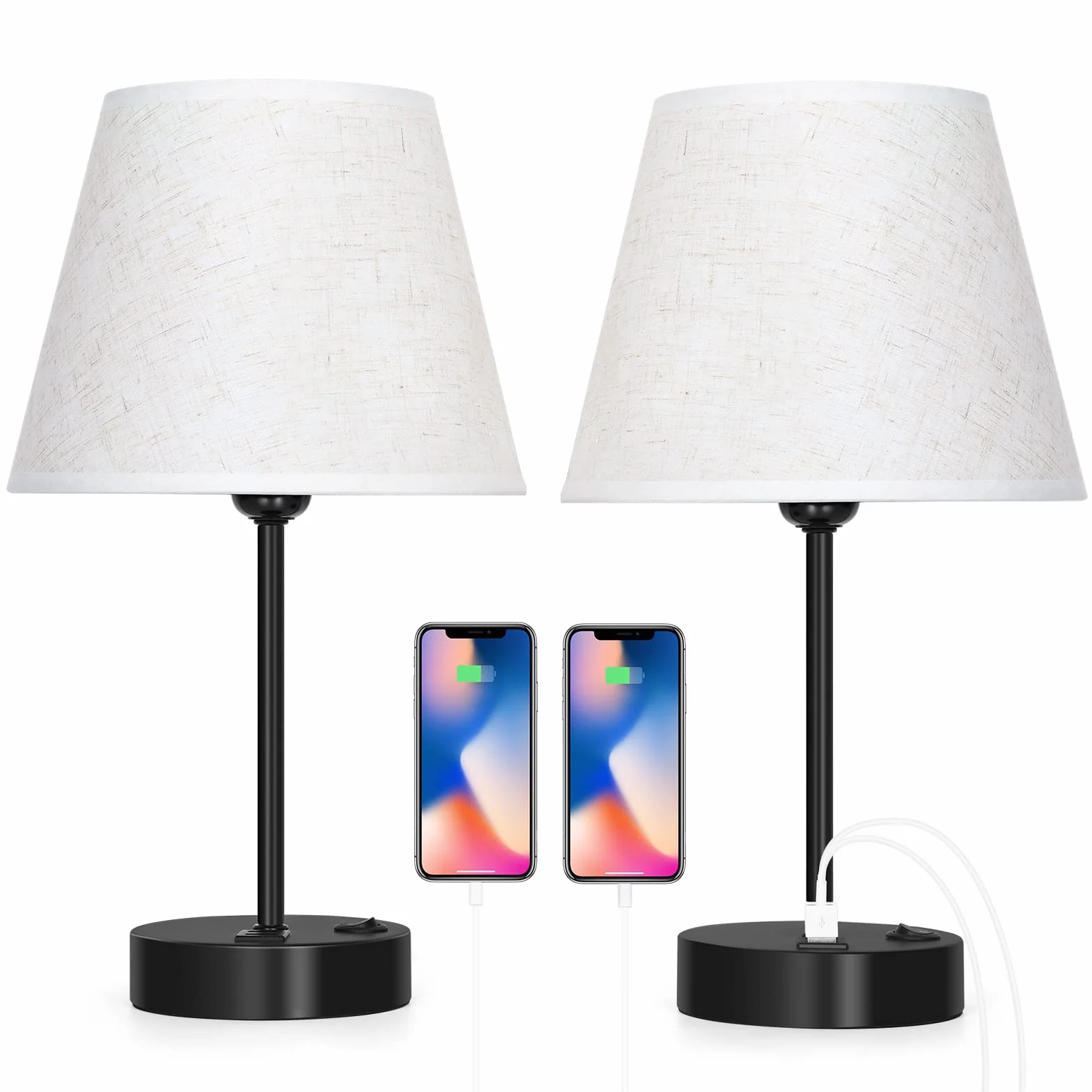 Zestaw 2 lamp nocnych LIANTRAL z 2 gniazdami USB, E27, nowoczesna lampa stołowa z metalową podstawą i abażurem z tkaniny, lampka nocna do sypialni, salonu, biura