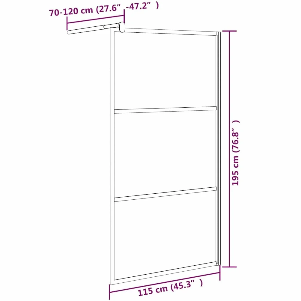Ścianka prysznicowa Walk-In 115 x 195 cm, szkło ESG, ciemna z aluminiową ramą, czarna, regulowany profil i drążek podporowy, stabilna kabina prysznicowa do łazienki, ochrona przed pryskaniem