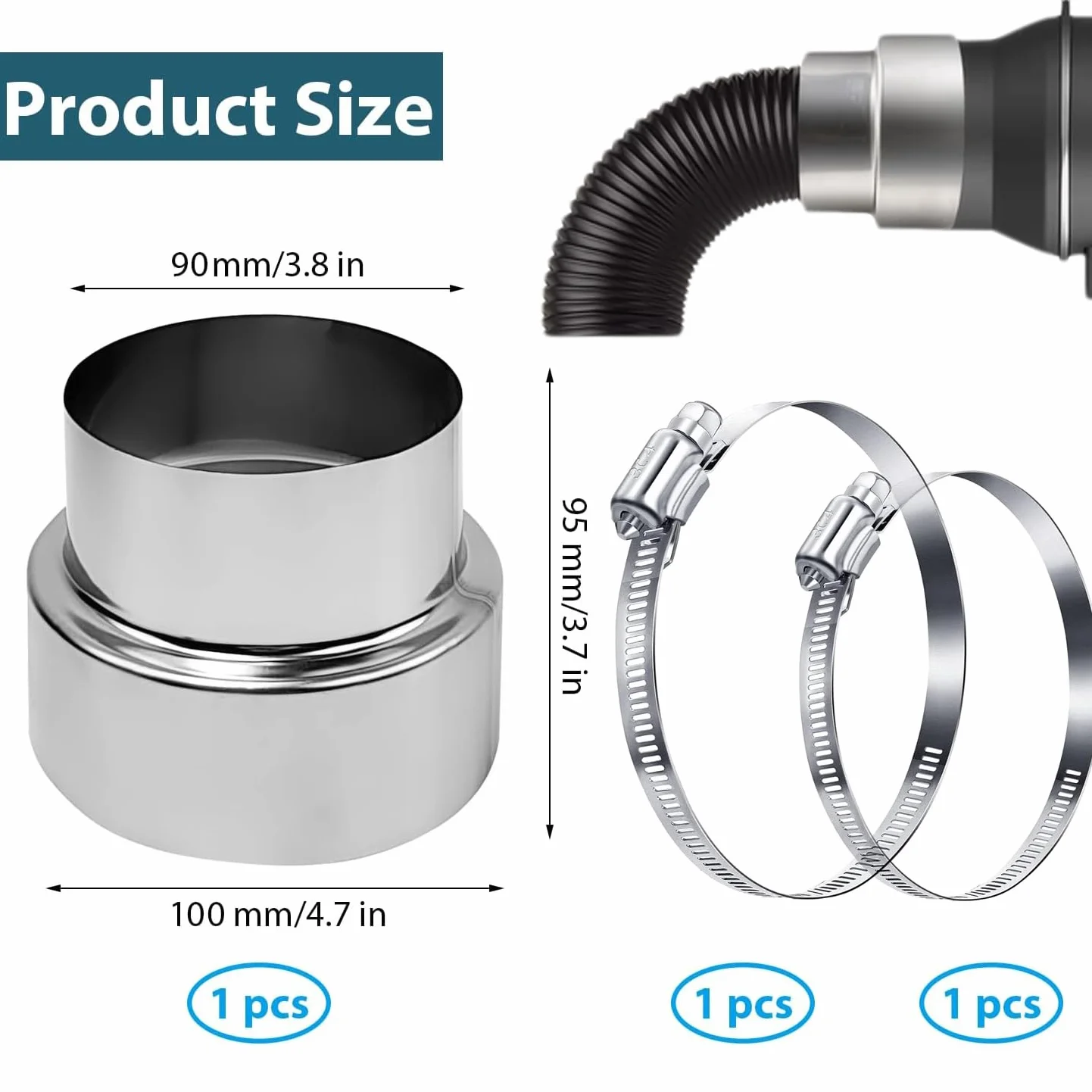 Rura zwijana, redukcja rury piecowej 120 mm do 100 mm, komin ze stali nierdzewnej, redukcja, rura kominowa (100 mm do 90 mm)