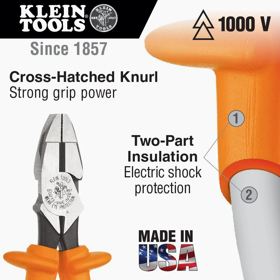 Szczypce do cięcia i zaciskania bocznego, nosek New England, izolowane, 24 cm Klein Tools D213-9NE-CR-INS, pomarańczowe