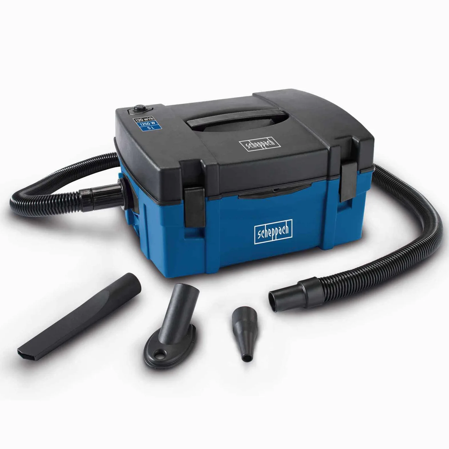 Scheppach Odkurzacz HD2P 3 w 1, 1250 W, odkurzacz z funkcją wydmuchu, wydajność powietrza 120 m³/h, pojemność 5 l, podciśnienie 2000 Pa, wąż Ø/długość 40/2000 mm, w zestawie 3 końcówki dysz