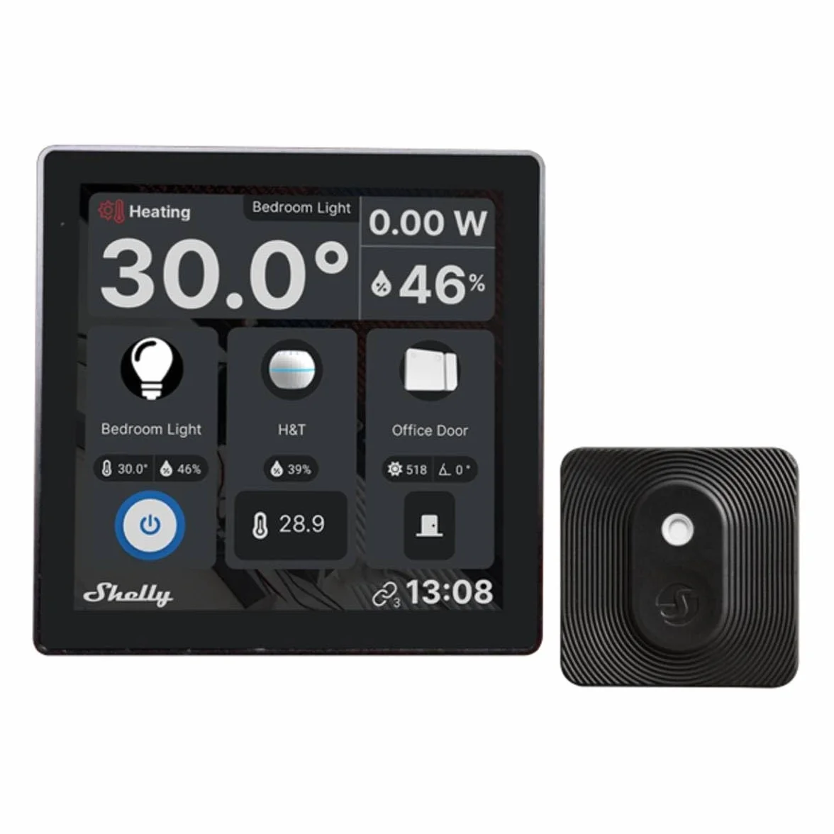 Shelly Wall Display Czarny + BLU H&T Czarny (Bundle) – Inteligentny dom, panel sterowania, czujnik temperatury i wilgotności Bluetooth, klasa IP54, darmowa historia danych, brak potrzeby hub