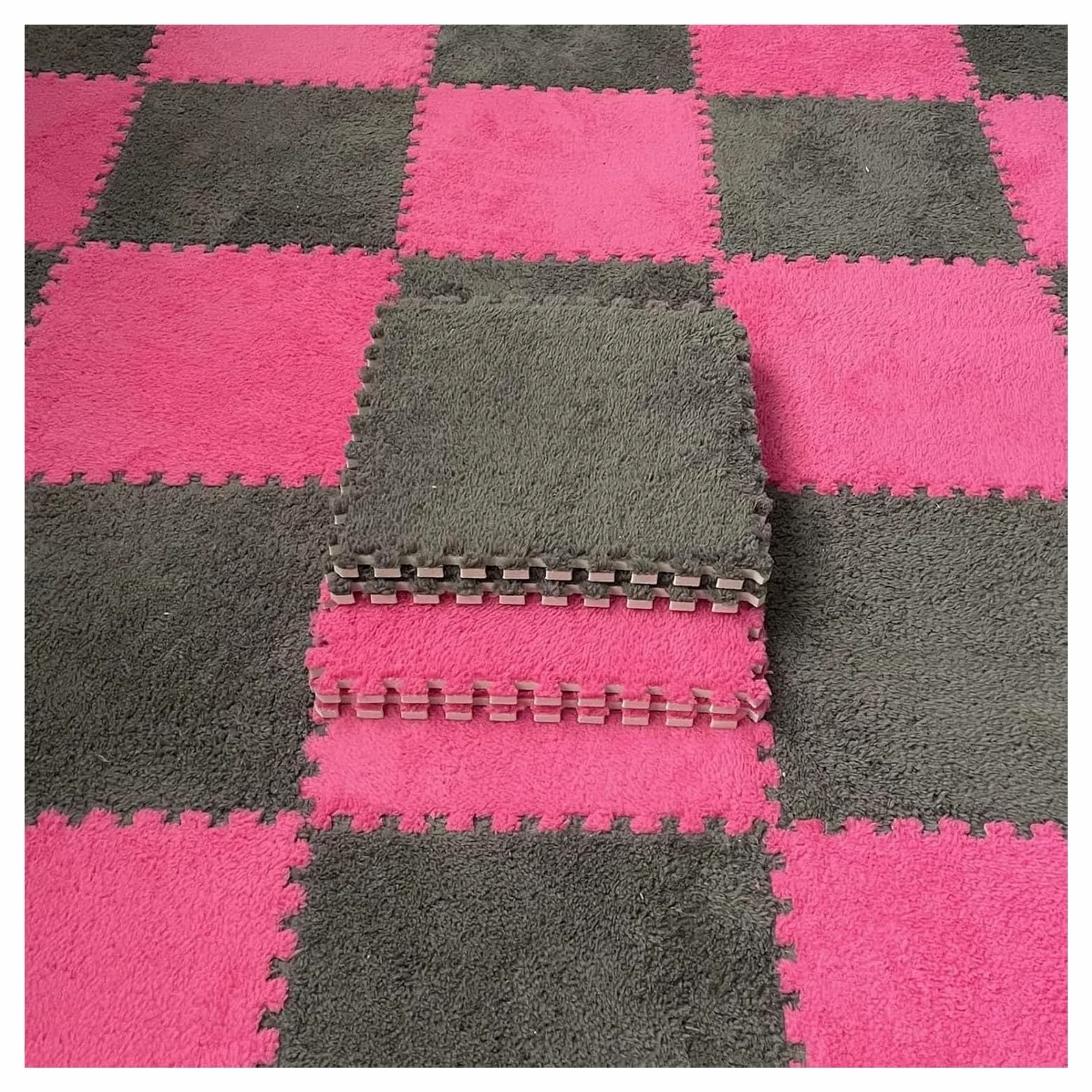 12 szt. Mata do zabawy z płytek dywanowych pluszowej pianki w kwadraty obramowaniem, układanki puszystych(Rose Red+dark Gray)