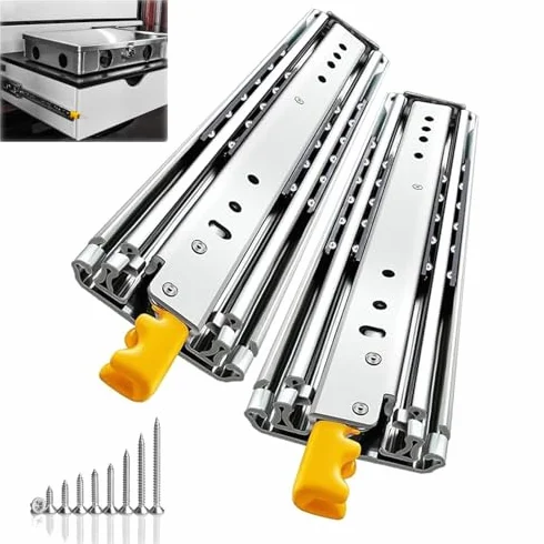 Wytrzymałe prowadnice do szuflad z zamkiem, 1 para stalowych prowadnic z łożyskami kulkowymi o pełnym przedłużeniu, szerokość 76 mm, długość 254-2032 mm, nośność 226,8 kg, mocowanie boczne Ra, ze