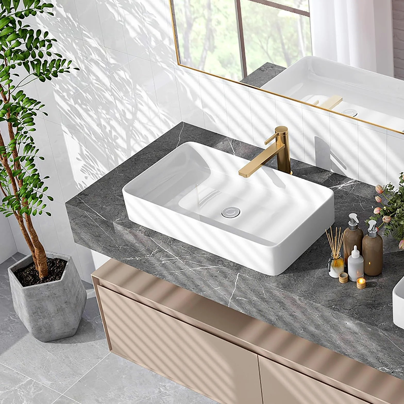 GIANTEX Umywalka nablatowa, prostokątna, ceramiczna, biała, umywalka z odpływem pop-up, szerokość 60 cm, umywalka nablatowa do łazienki i WC dla gości