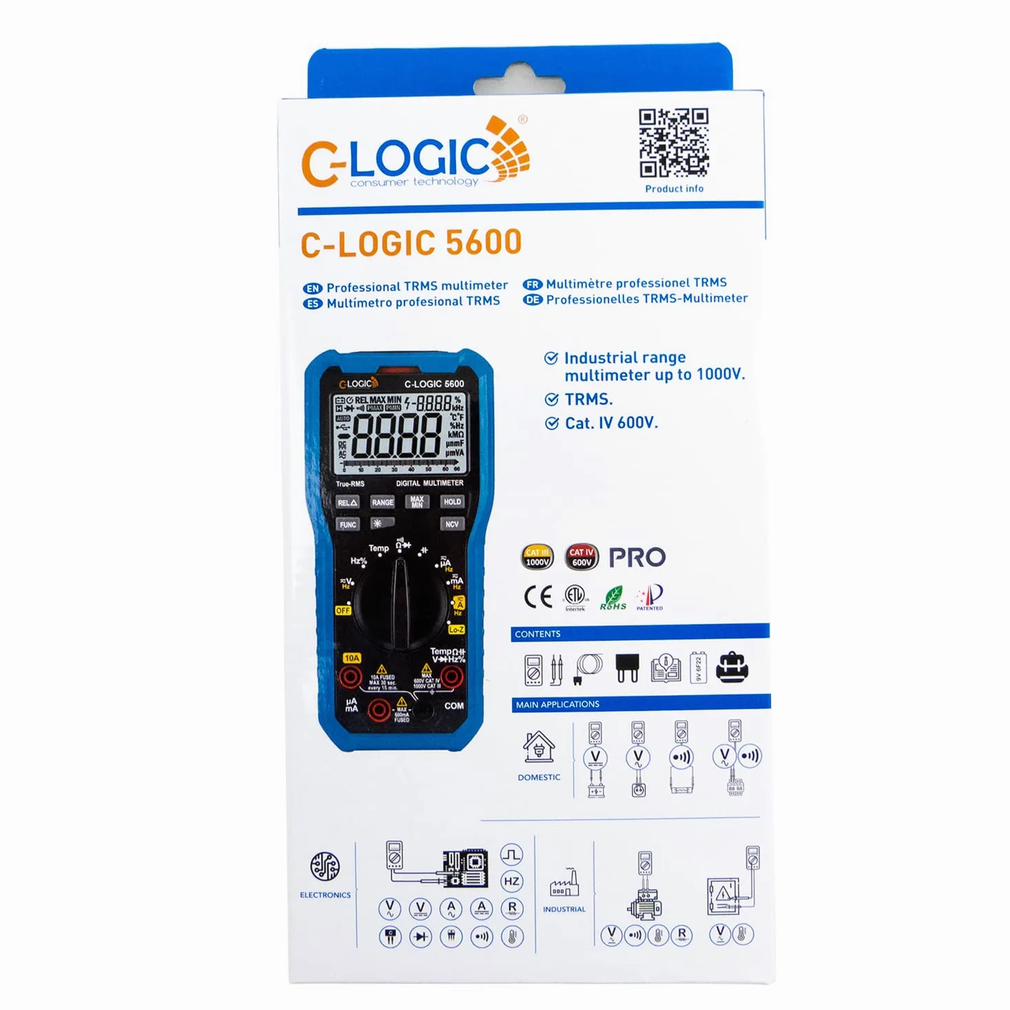 C-LOGIC 5600 Multimetr cyfrowy TRMS Low Z Niska Impedancja CAT IV 66000 kont NCV Napięcie DC/AC 1000V Prąd AC/DC 10A Odporność 66MΩ Temperatura Pojemność 66mF Częstotliwość Autoskala 66MHz