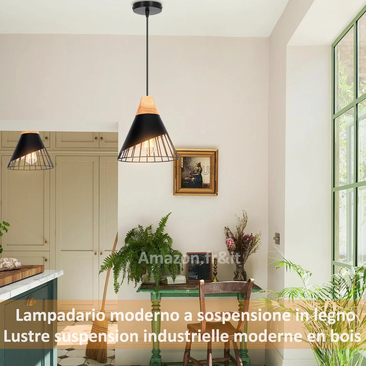 Lampa wisząca Nowoczesny przemysłowy drewniany żyrandol abażur Vintage Metal Kształt Klatka Ø25cm Lampa sufitowa E27 Projekt do kuchni, sypialni salonu (czarny -2 szt.)