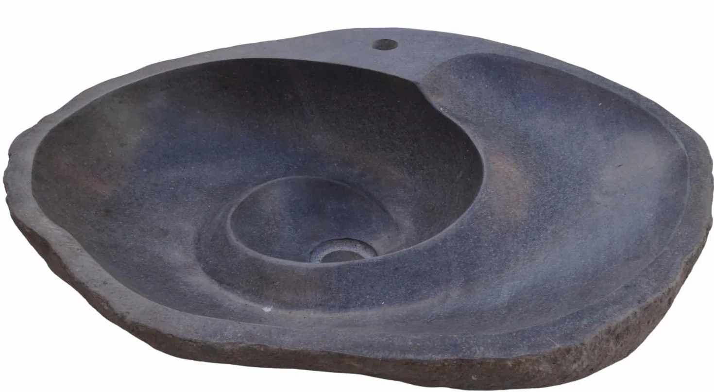 GURU SHOP Masywna umywalka nasadowa z kamienia rzecznego, misa umywalkowa, kamień naturalny umywalka z odpływem spiralnym ok. 50 cm – model 6, szary, umywalka i wanna