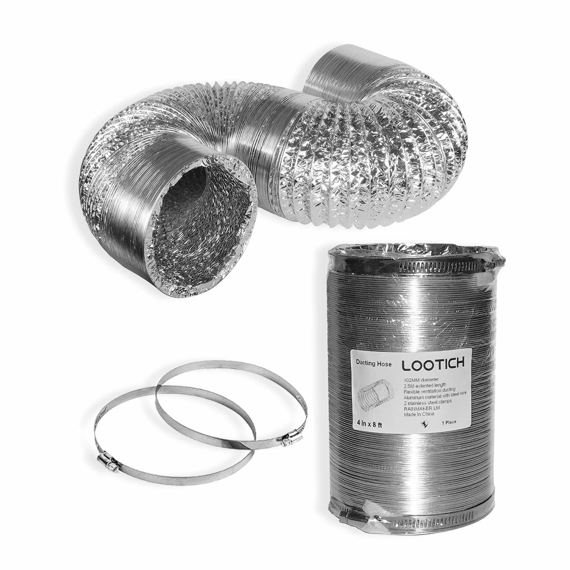 Wytrzymały Ø102mm Długość 2,5m Nieizolowany Elastyczny Aluminiowy Wąż Kanałowy do Wentylacji HVAC 2 Zaciski ze Stali Nierdzewnej w Zestawie