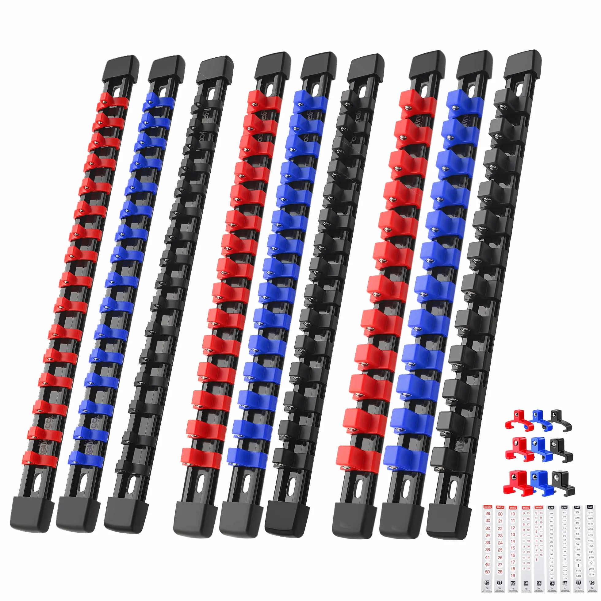 Reniteco Organizer do gniazd, napęd ABS - uchwyt gniazda, jakość premium 9-częściowy zestaw uchwytów do gniazd 1/4 cala x 48 klipsów, 3/8 cala x 45 klipsów, 1/2 cala x 36 klipsów