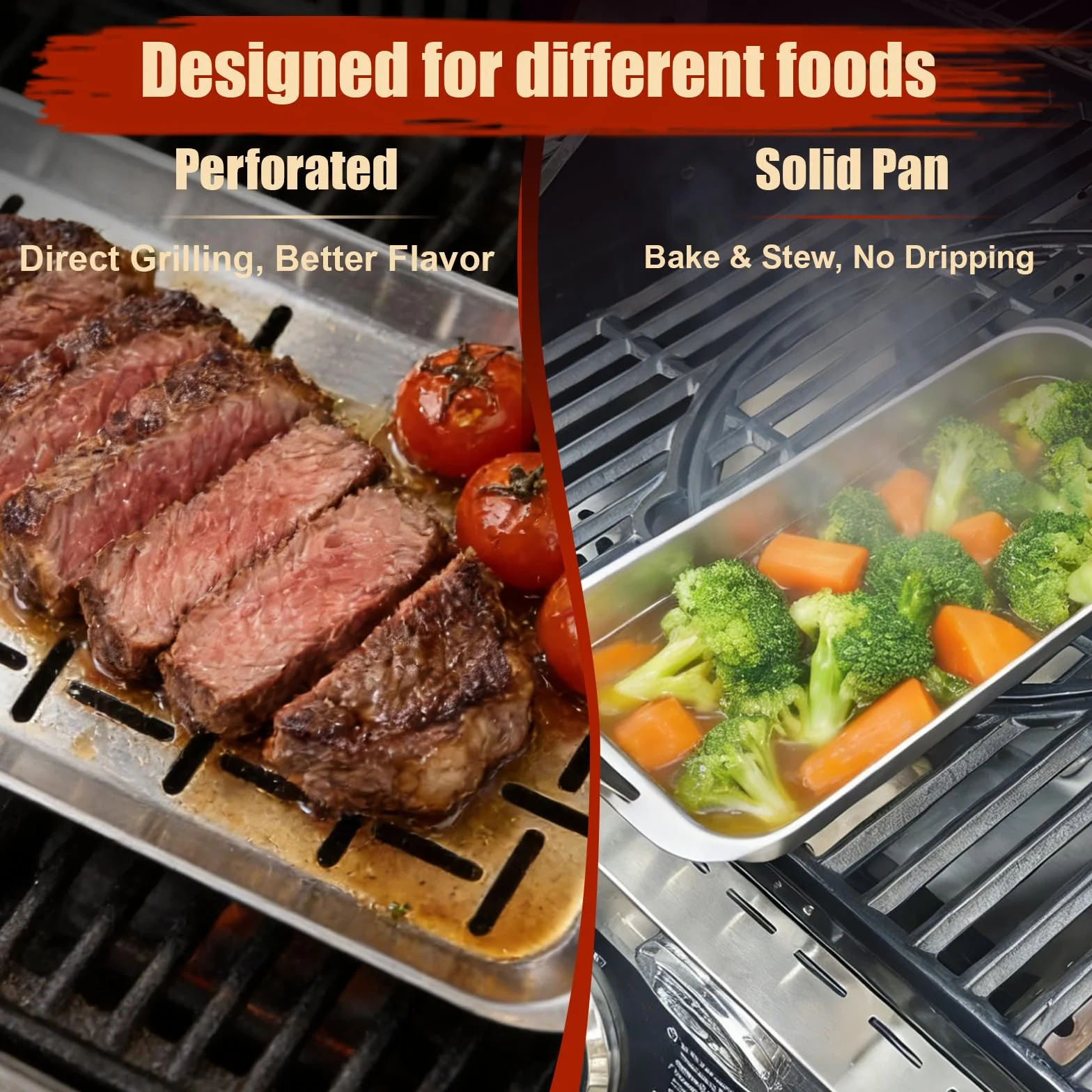 Denmay Zestaw patelni do grillowania, stal nierdzewna, z uchwytem, do grilla gazowego i węglowego – uniwersalne akcesoria do patelni Weber, Enders, Charbroil Grill, 3 kosze do grillowania + 1 tacka do