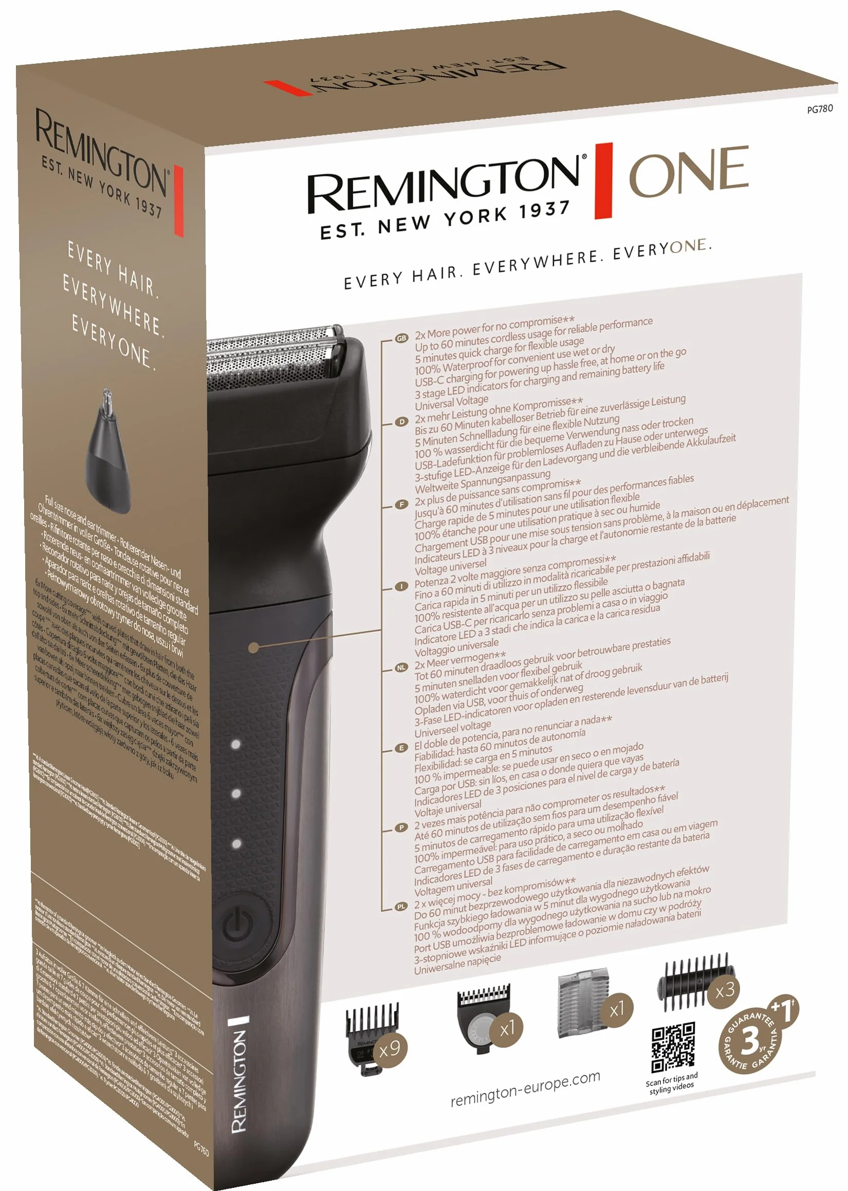 Remington trymer wielofunkcyjny do pielęgnacji całego ciała, zawiera 18 końcówek [ 4 głowice, 14 nasadek], trymer do brody/ciała/nosa/uszu/brwi, wodoodporny, litowy, ONE Total Body Multigroomer PG780