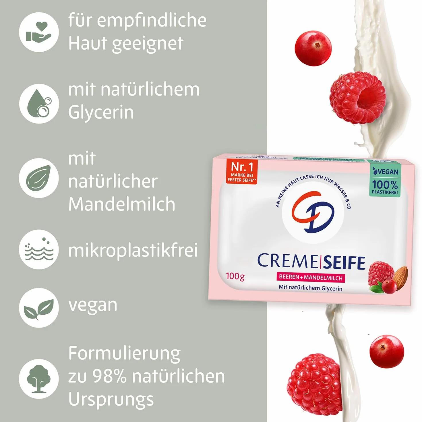 CD Kremowe mydło jagodowe i mleko migdałowe 100 g, wegańskie i bez mikroplastiku