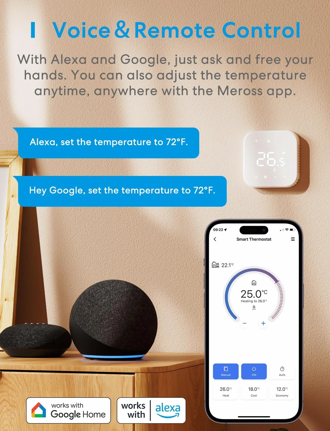 Meross Termostat sieciowy, termostat grzewczy elektryczny, termostaty WiFi, 16A, kompatybilny z Alexa i Google Home, sterowanie głosowe i zdalne sterowanie