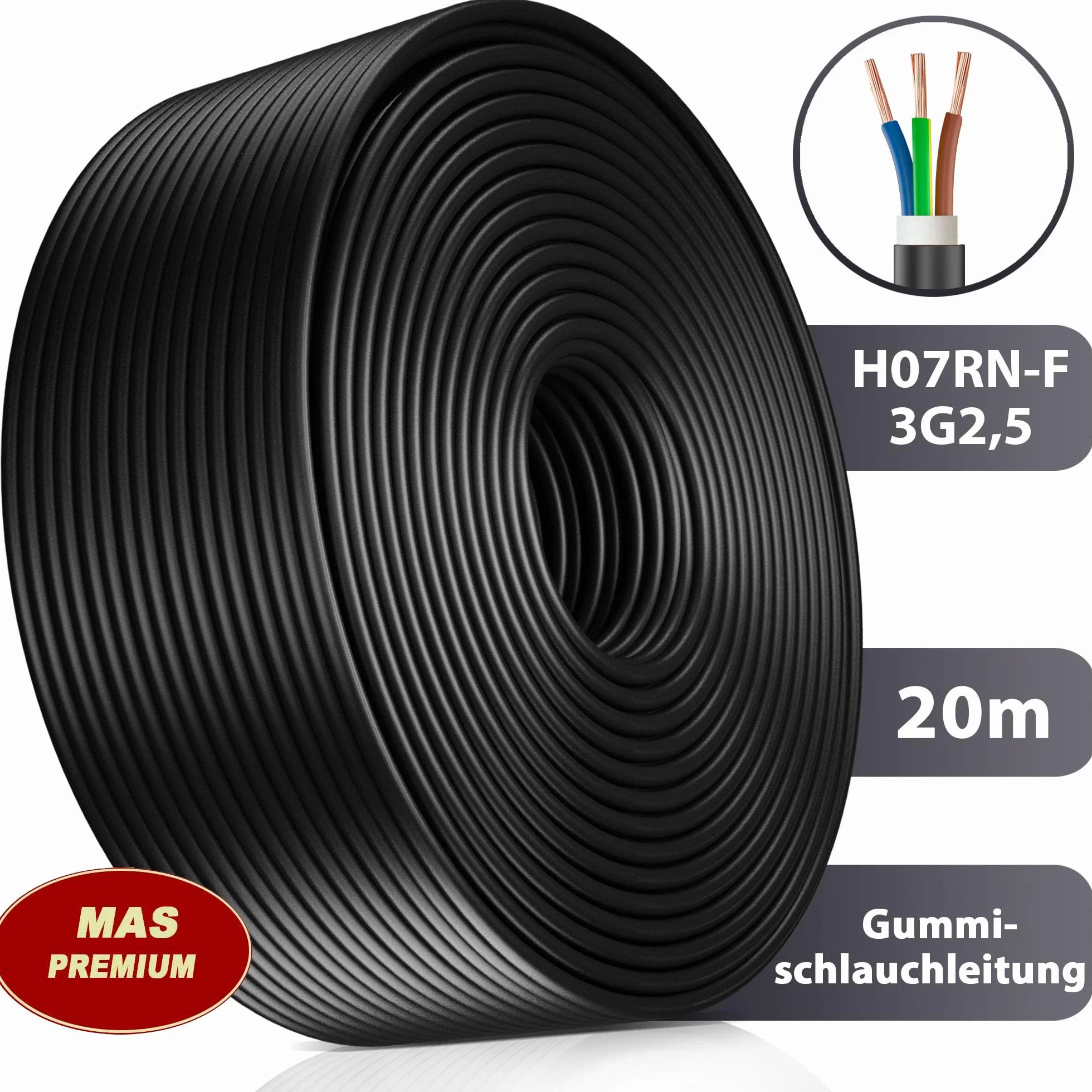 MAS Premium Wąż gumowy, 5-100 m, kabel zasilający do budowy H07RN-F 3G 1, 3G 1,5, 3G 2,5, 3G 4, 3G 6, 3G 10 lub 3 x 1,5, elastyczny przewód do ciężkich urządzeń (H07RN-F 3G2,5 mm², 20 m)