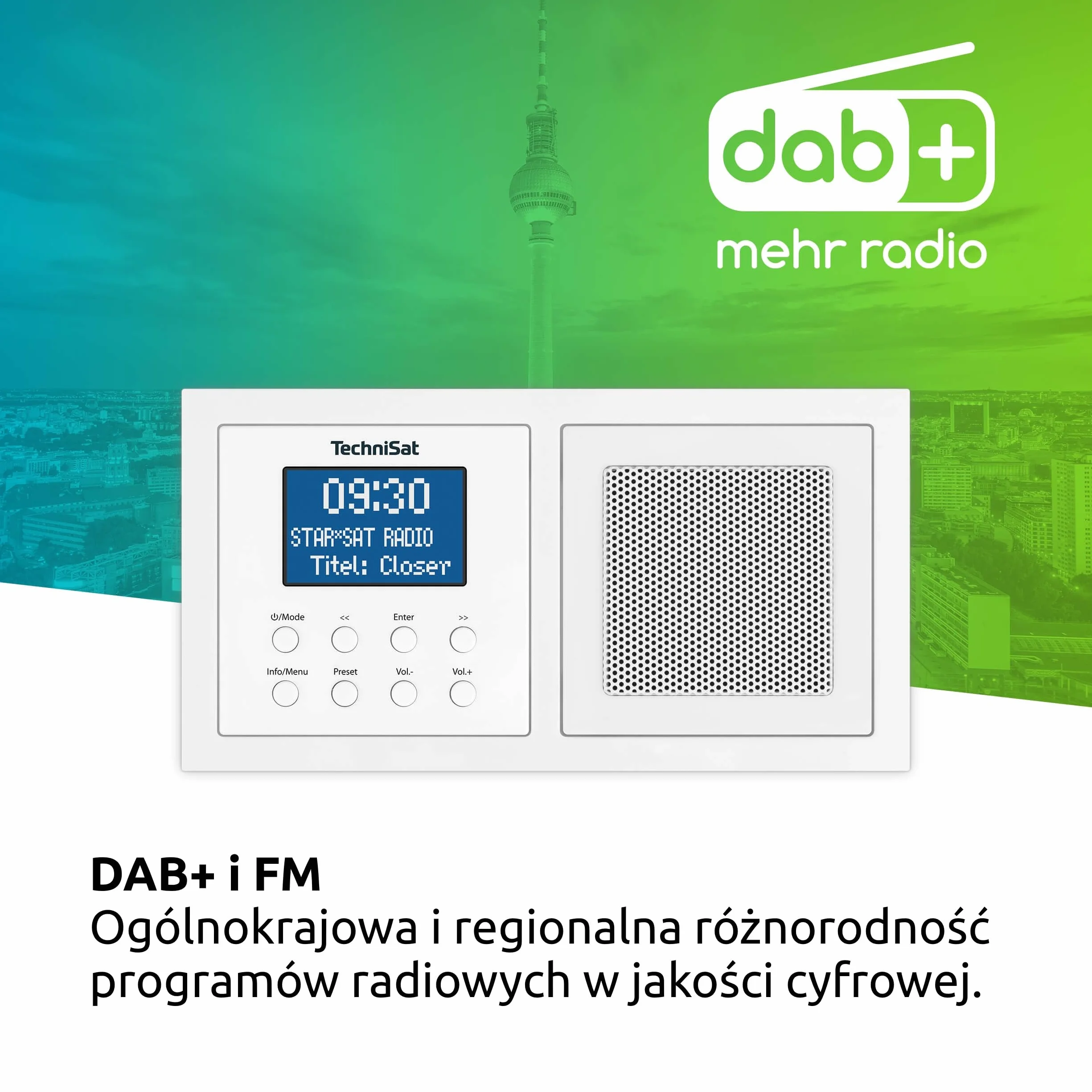 TechniSat DIGITRADIO UP 1 - radio podtynkowe DAB+ do montażu w dowolnej podwójnej puszce podtynkowej (odbiór DAB, FM, Bluetooth, przyciemniany wyświetlacz LCD, budzik, wyłącznik czasowy, moc 2 W RMS)