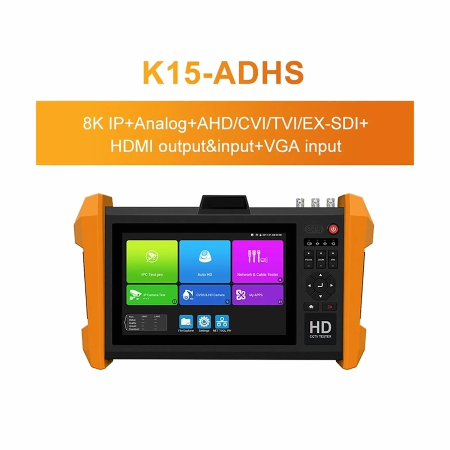 Tester CCTV, 7-calowy 8K tester CCTV H.265 Wielofunkcyjny | Z moduł optyczny SFP AHD CVI TVI SDI Generator pasków kolorów w jednym monitorze testowym do testowania kamer CCTV i IP.