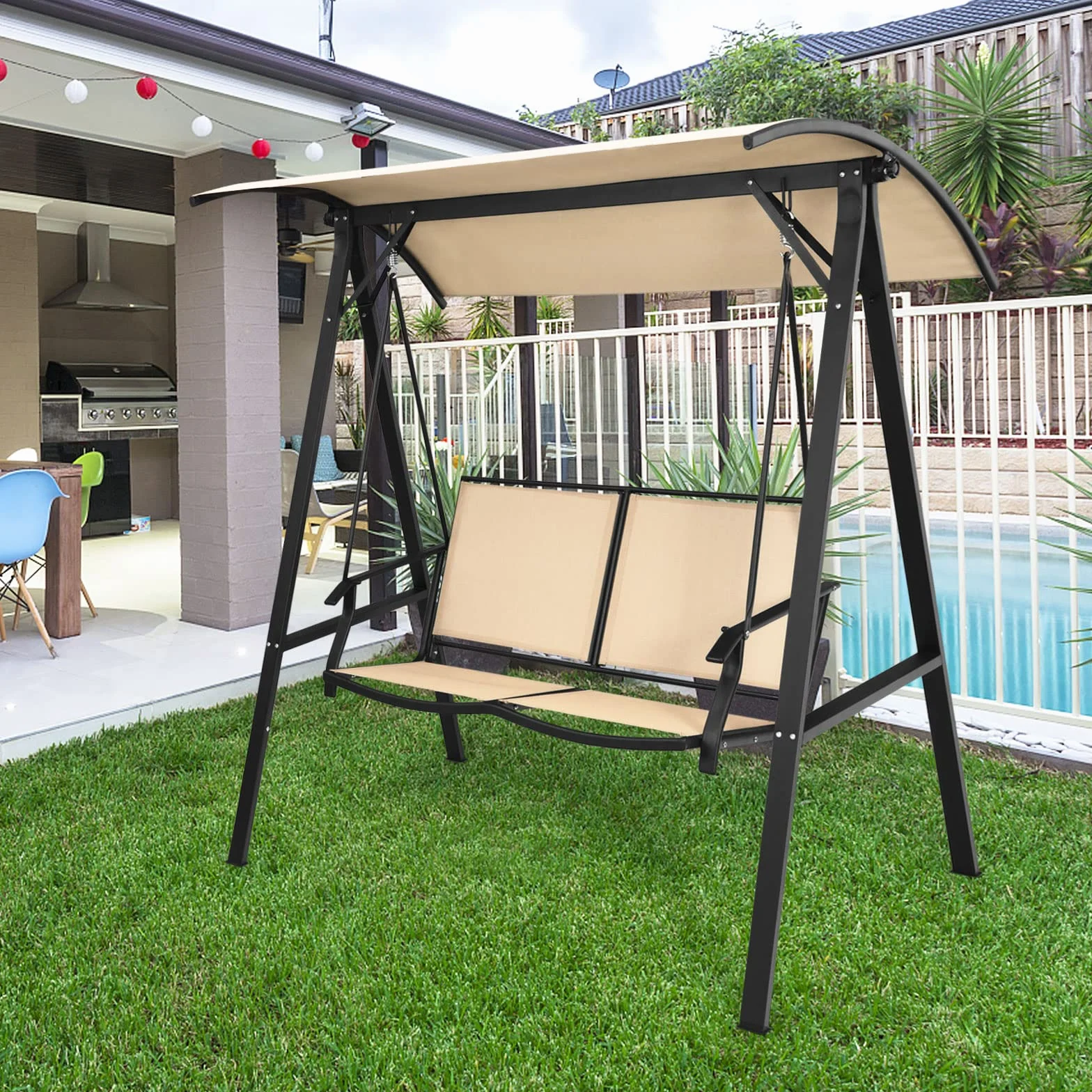 GOPLUS Huśtawka ogrodowa Hollywood 2-osobowa z funkcją leżenia metalowa 240 kg regulowanym dachem beżowa