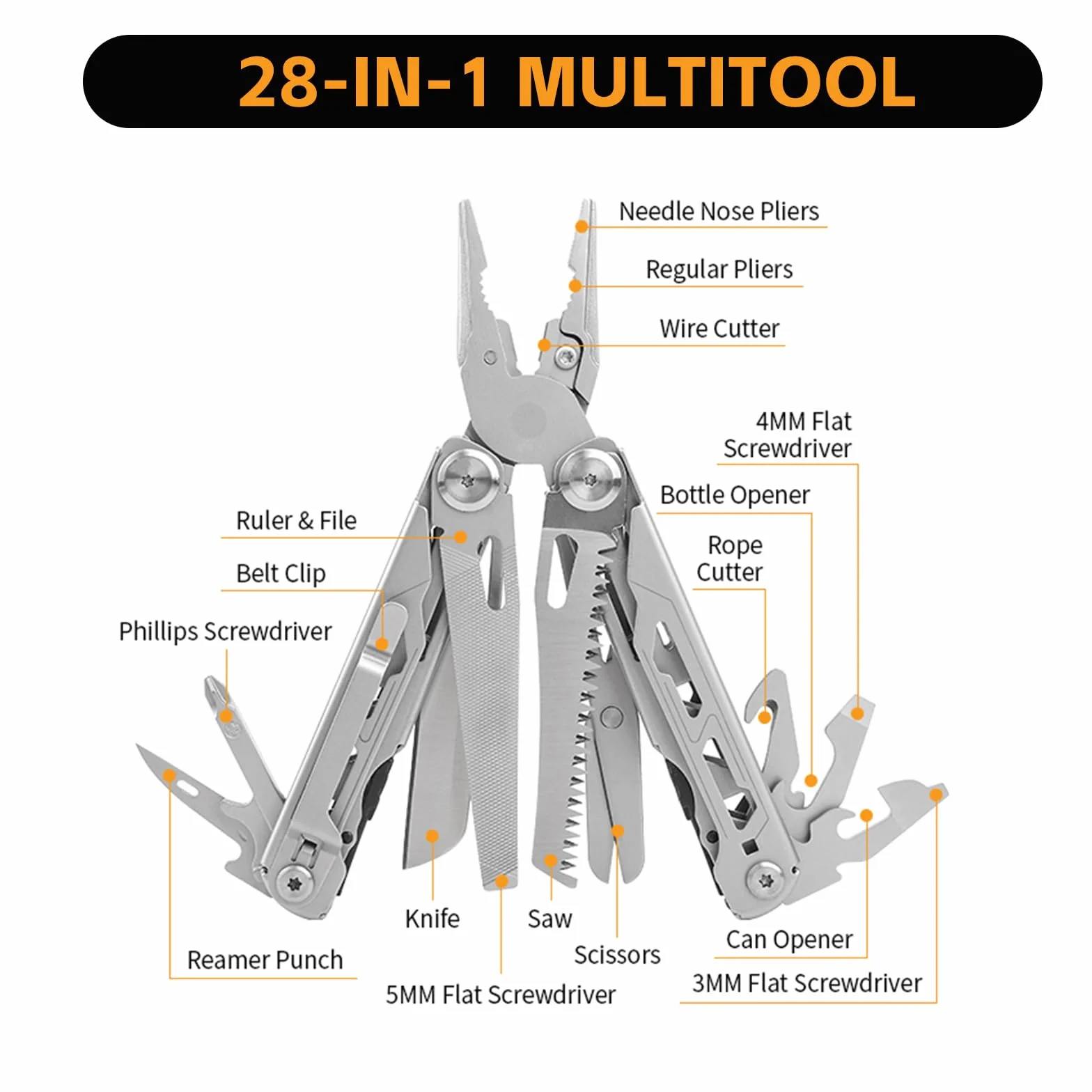 Multitool 28 w 1: kombinerki i 11 końcówek Materiał ze stali nierdzewnej