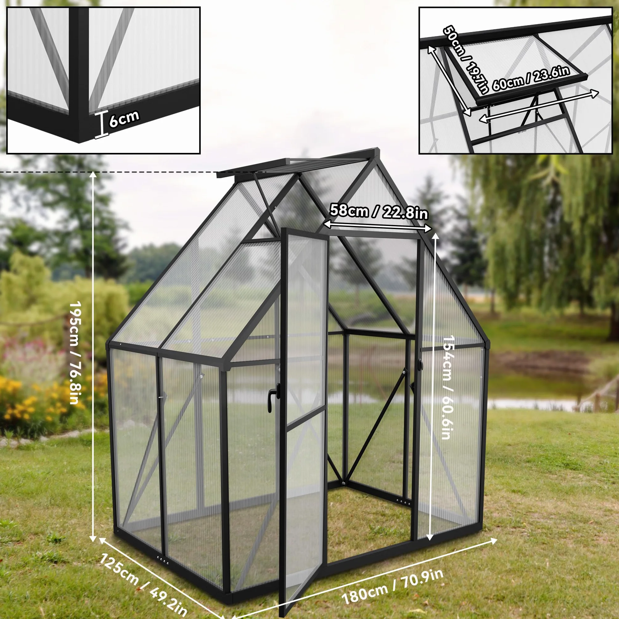 Aufun Szklarnia premium z aluminium, 2,25 m², z fundamentem 6 cm i płytą PC 4 mm, odporna na działanie promieni UV, odporna na warunki atmosferyczne, do ogrodu, 125 x 180 x 195 cm