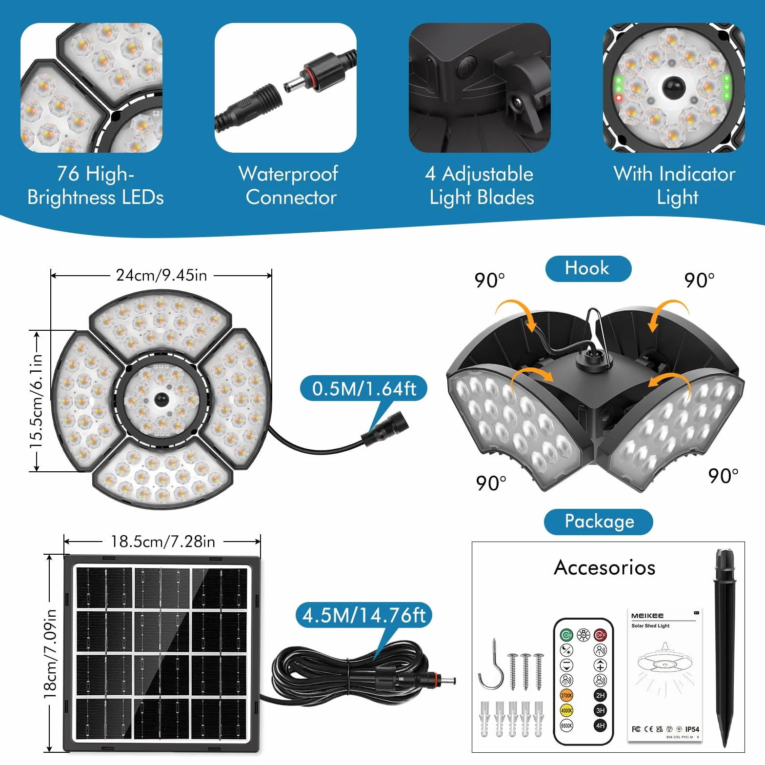 MEIHUA Lampy solarnye do użytku wewnątrz i na zewnątrz, 76 diod LED, z czujnikiem ruchu, pilotem zdalnym i regulowanym kątem świecenia 270°, IP54, wodoszczelne, 4 tryby