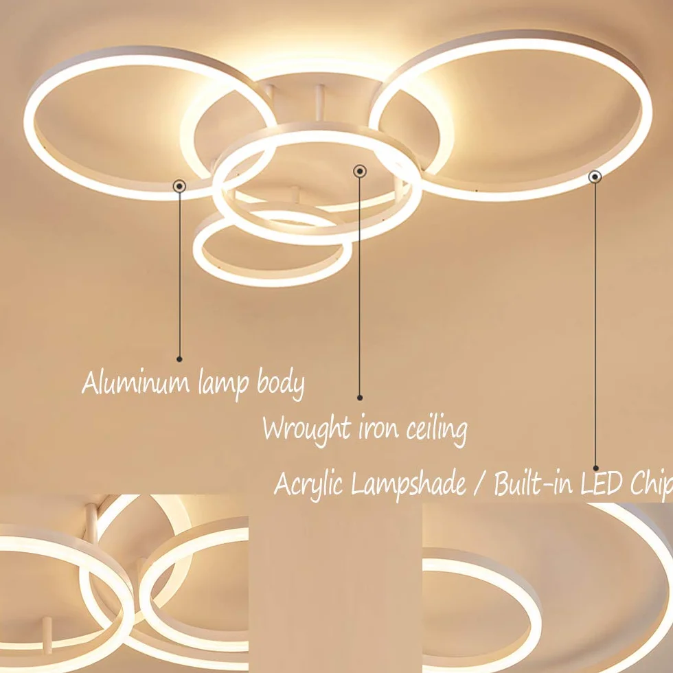 Przyciemniana lampa sufitowa LED, nowoczesna, do salonu, z pilotem zdalnego sterowania, metalowa, akrylowa, oświetlenie sypialni, kuchni, jadalni, łazienki, lampa punktowa, biała, 5 pierścieni