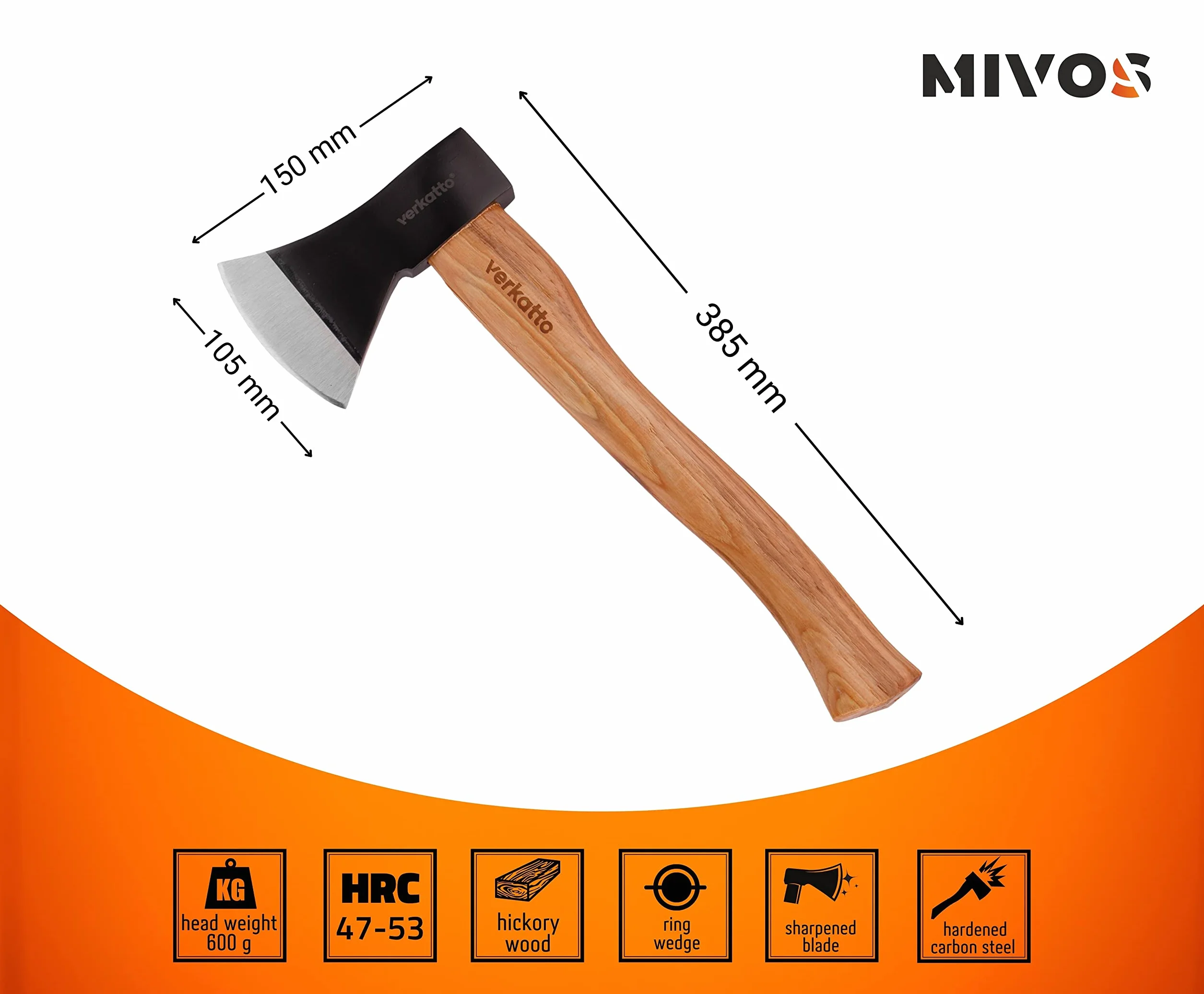 Mivos Siekiera 600 g z drewnianym trzonkiem hikorowym, ostrzem ze stali węglowej