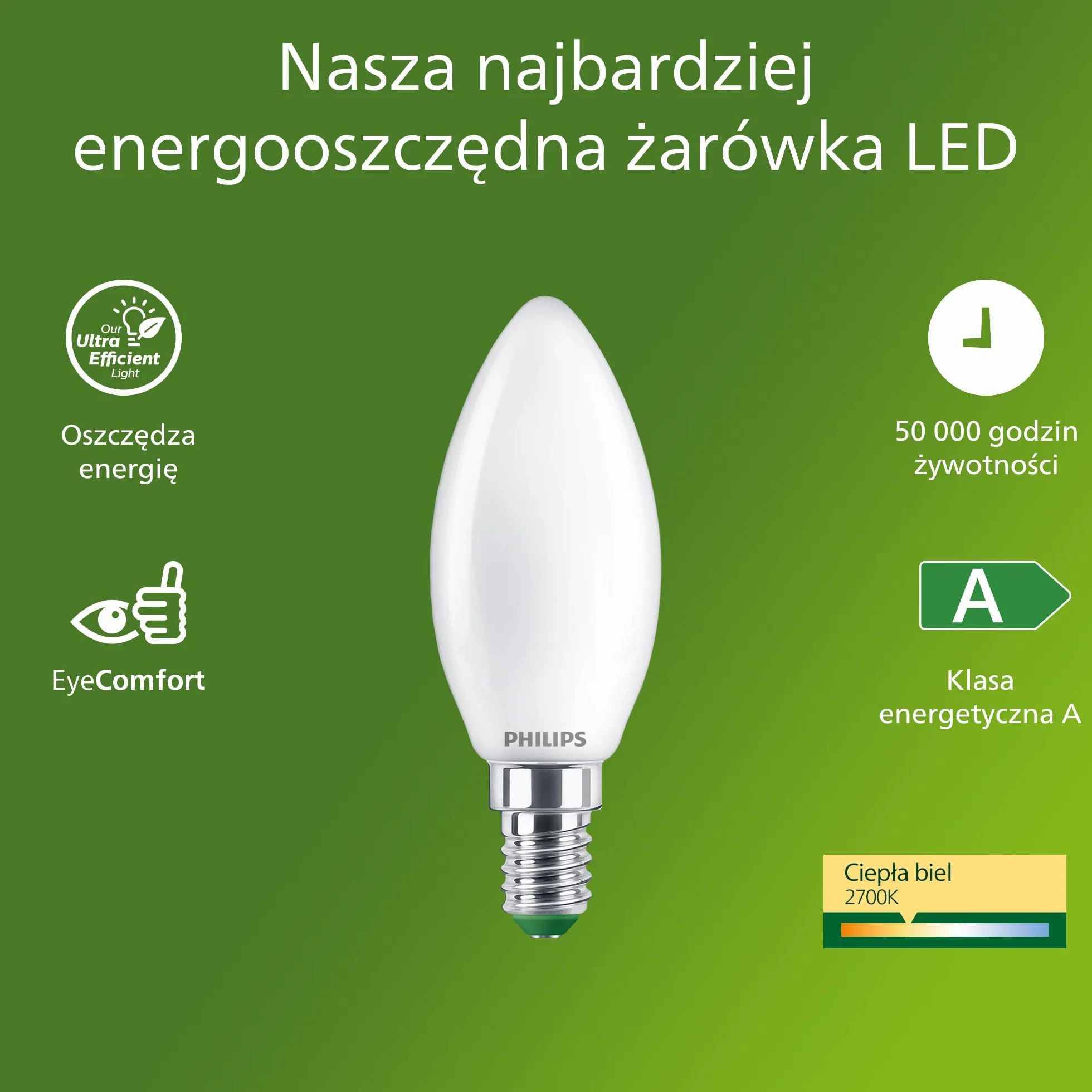 Philips LED UltraEfficient matowa świecowa żarówka B35, trzonek E14, klasa energetyczna A, 806 lm, odpowiednik 60W, ciepła biel (2700K), EyeComfort, 50 000 godzin, 1 szt.