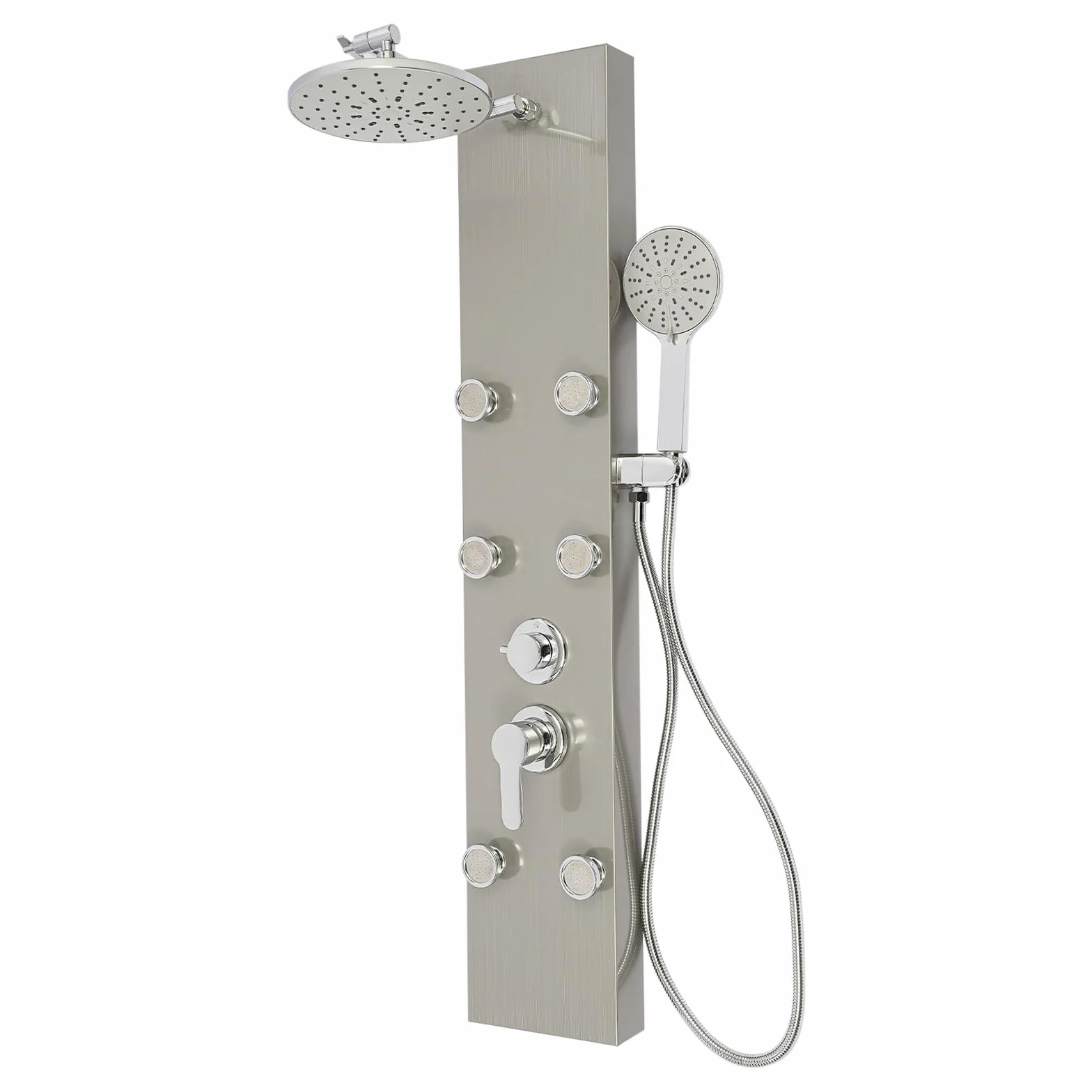 Panel prysznicowy z 6 regulowanymi dyszami do masażu 22 cm i 3-stopniową słuchawką prysznicową, kolumna prysznicowa ze stali nierdzewnej z wężem 1,5 m, zestaw paneli prysznicowych montowany na ścianie